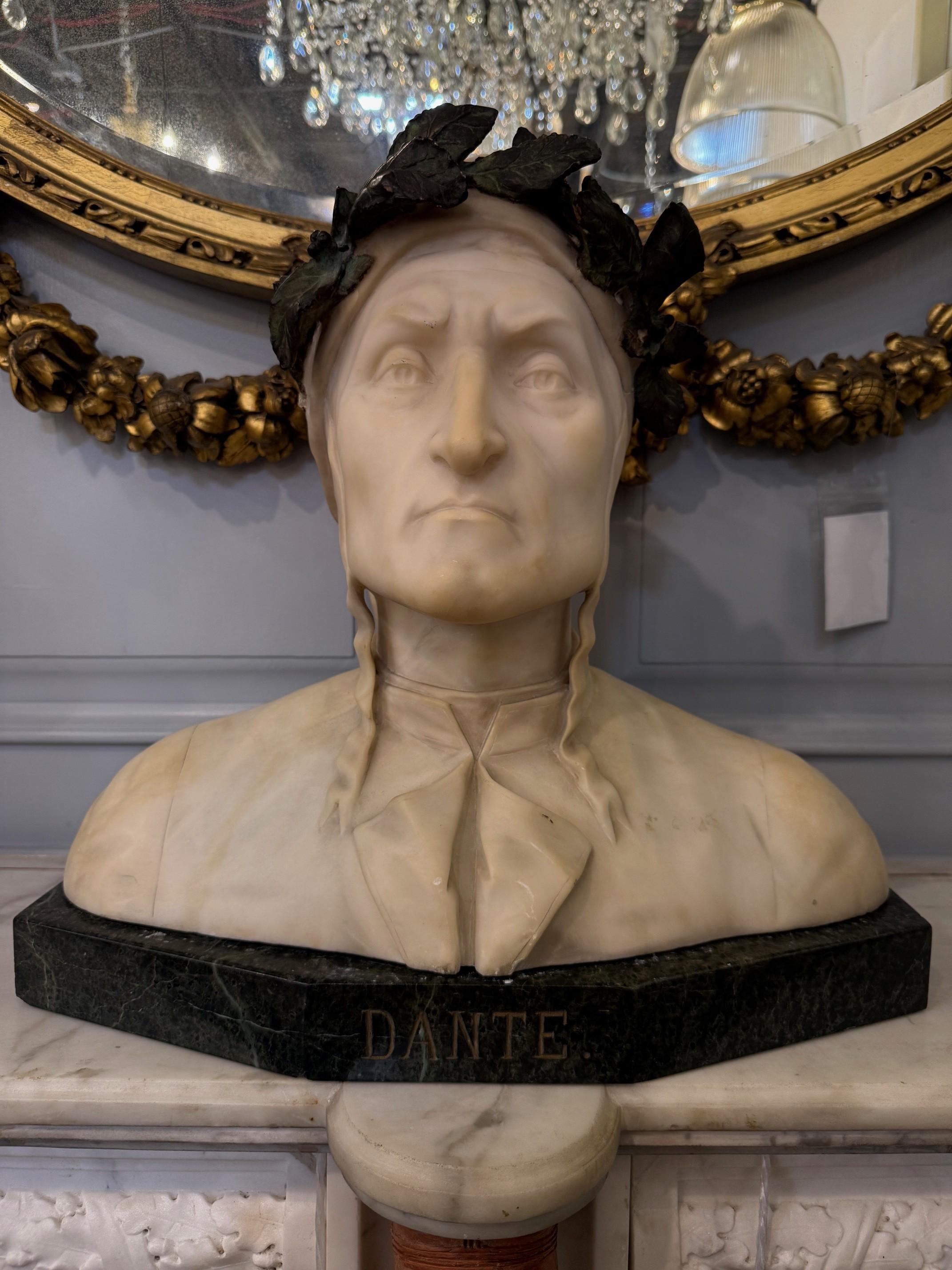 Italian Late 19th Century Alabaster and Bronze Bust Dante Alighieri on a Marble Base For Sale