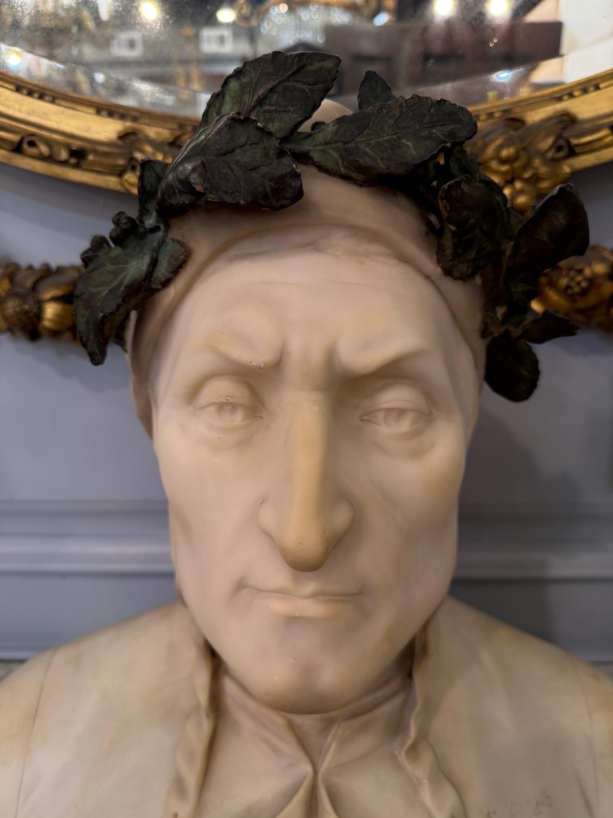 Late 19th Century Alabaster and Bronze Bust Dante Alighieri on a Marble Base In Good Condition For Sale In Stamford, CT