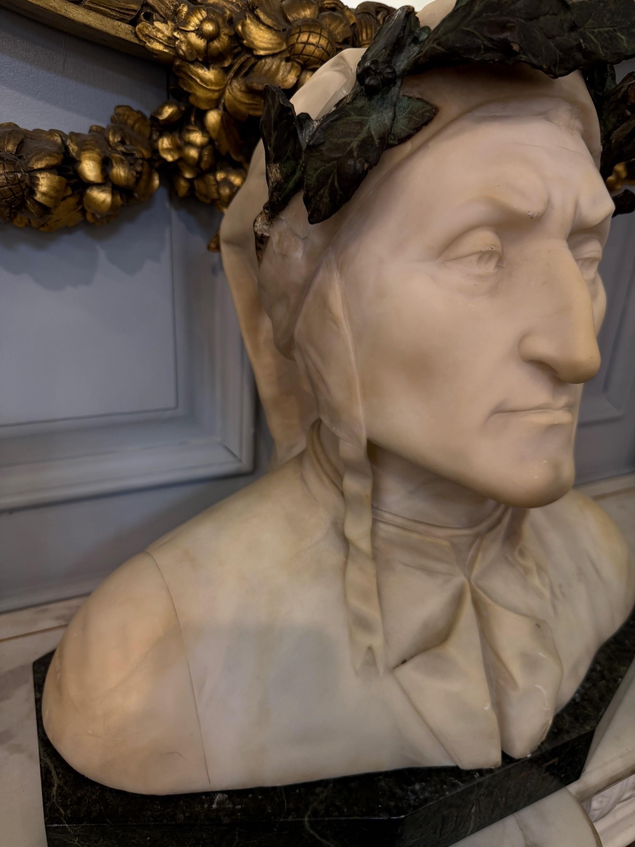 Late 19th Century Alabaster and Bronze Bust Dante Alighieri on a Marble Base For Sale 1