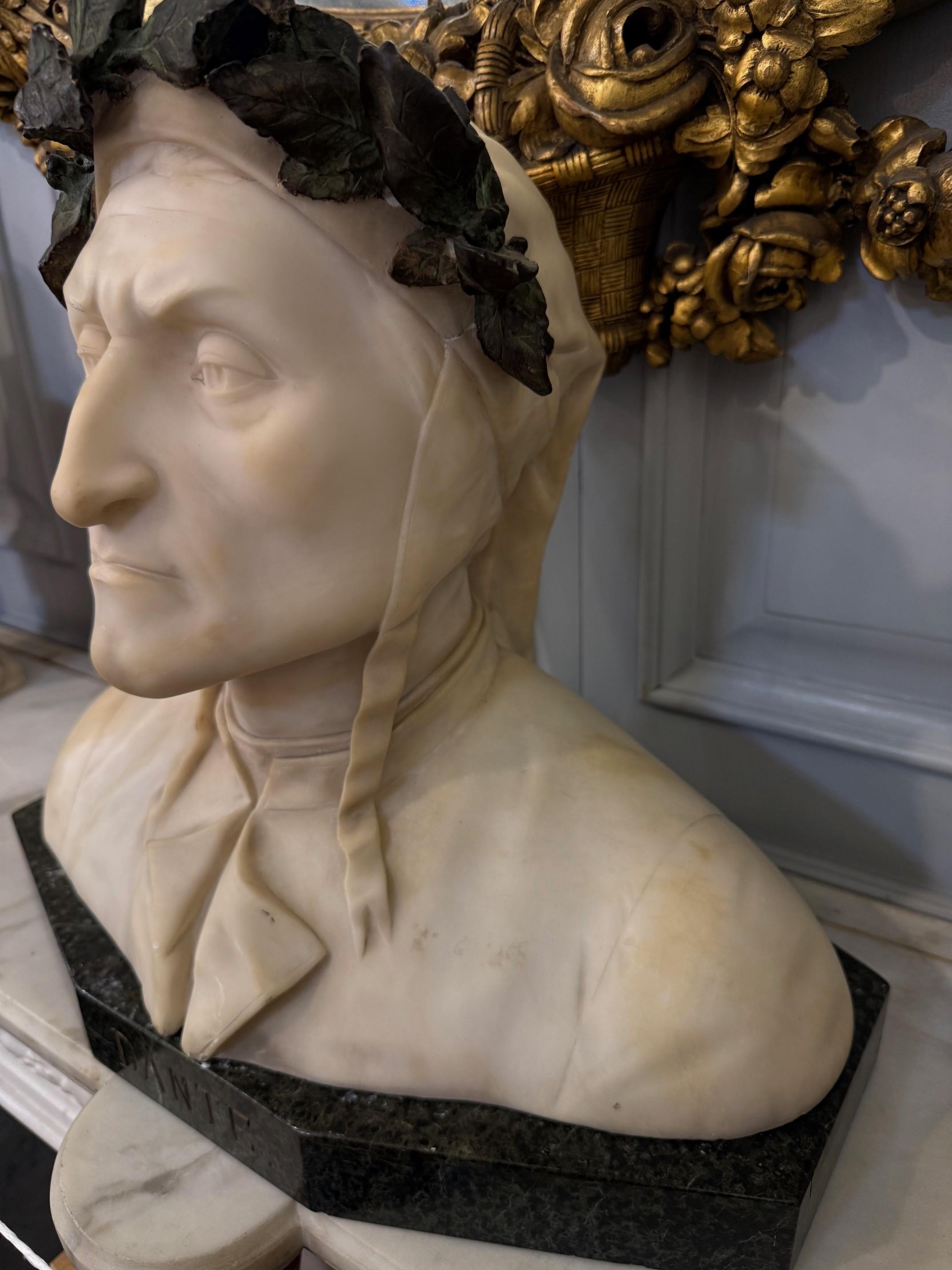 Late 19th Century Alabaster and Bronze Bust Dante Alighieri on a Marble Base For Sale 2