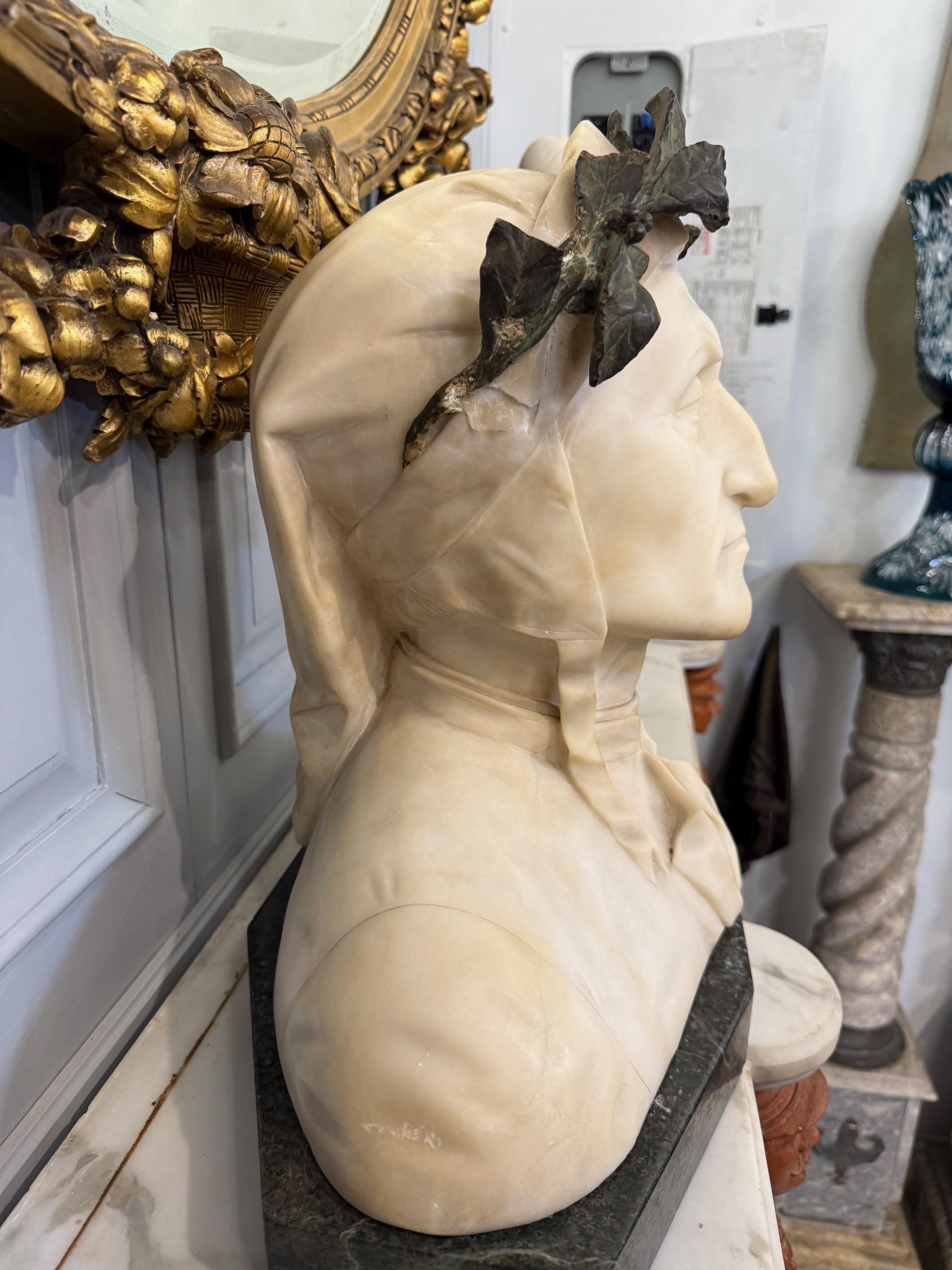 Late 19th Century Alabaster and Bronze Bust Dante Alighieri on a Marble Base For Sale 4