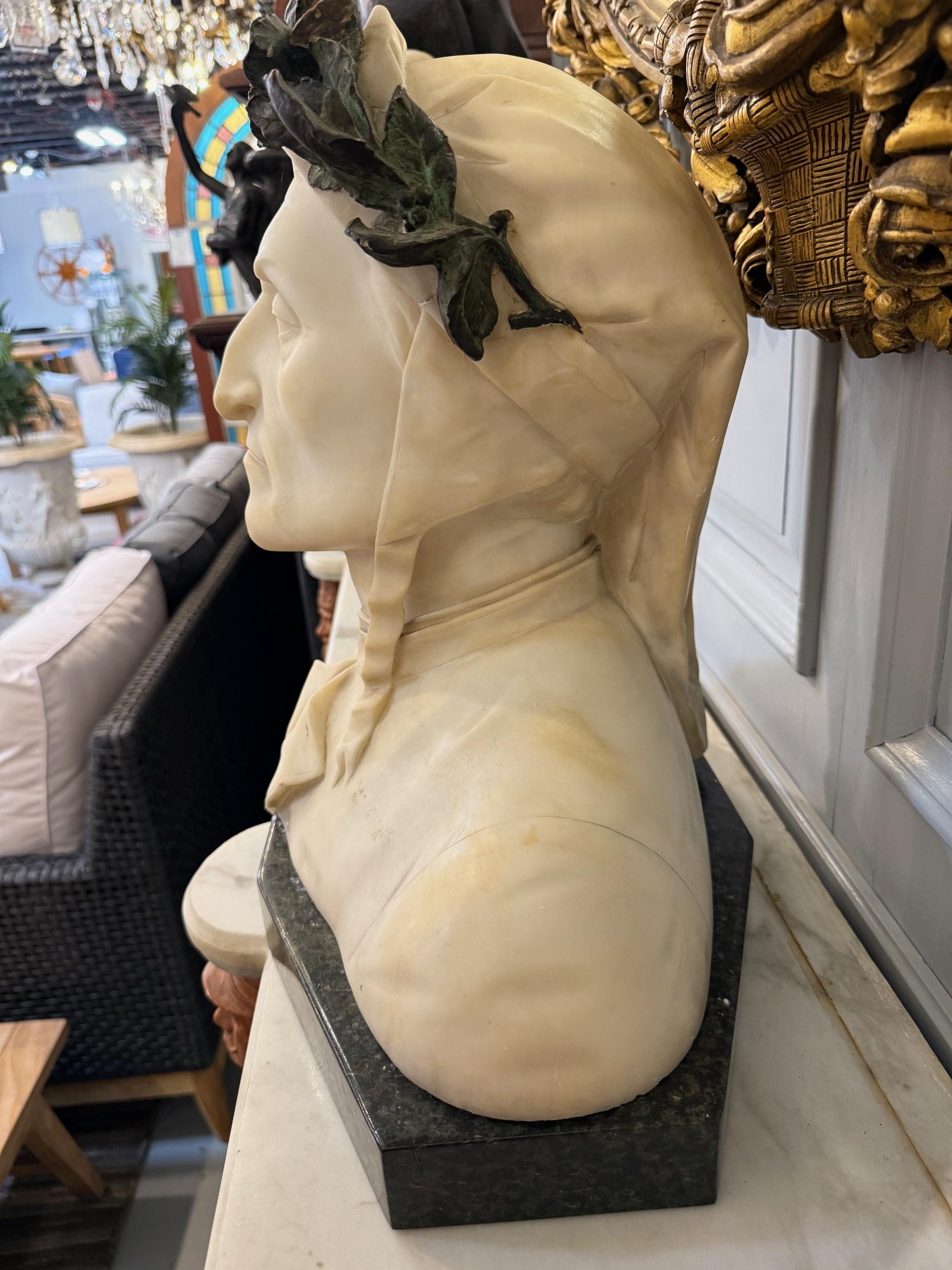 Late 19th Century Alabaster and Bronze Bust Dante Alighieri on a Marble Base For Sale 5