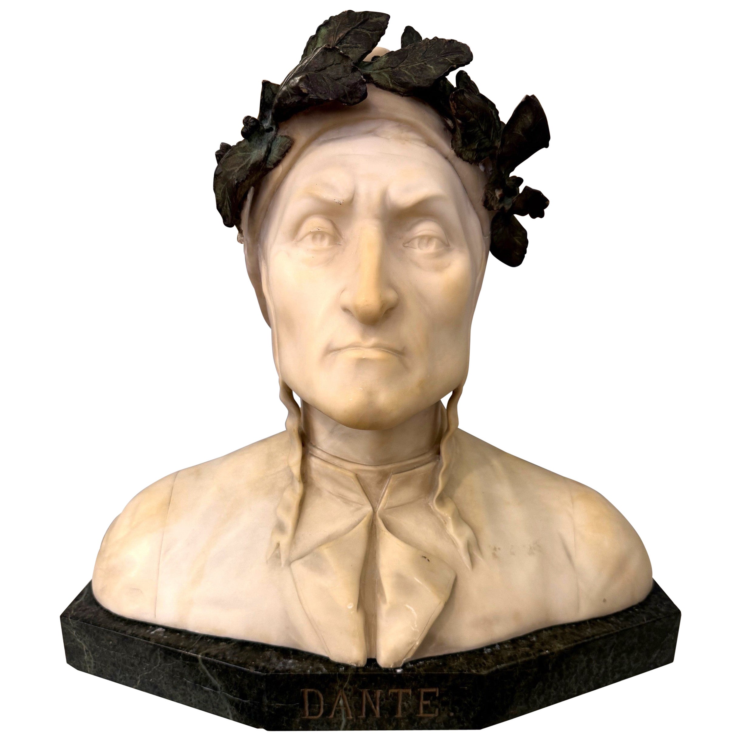 Late 19th Century Alabaster and Bronze Bust Dante Alighieri on a Marble Base For Sale