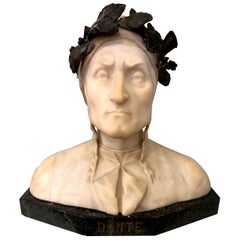 Late 19th Century Alabaster and Bronze Bust Dante Alighieri on a Marble Base