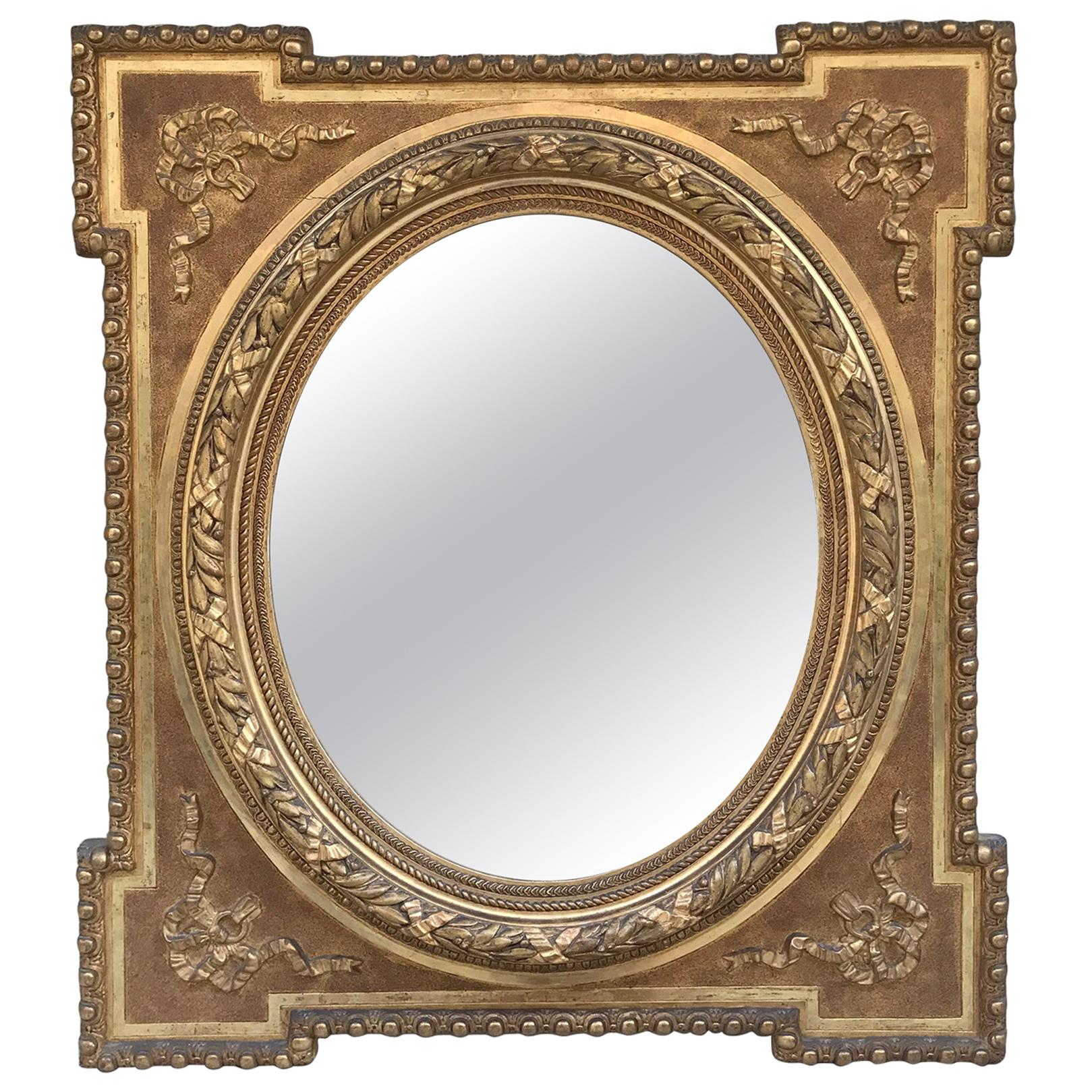 Late 19th Century Alfonsino Mirror in Burnished Gold Leaf with Stucco Embossed For Sale