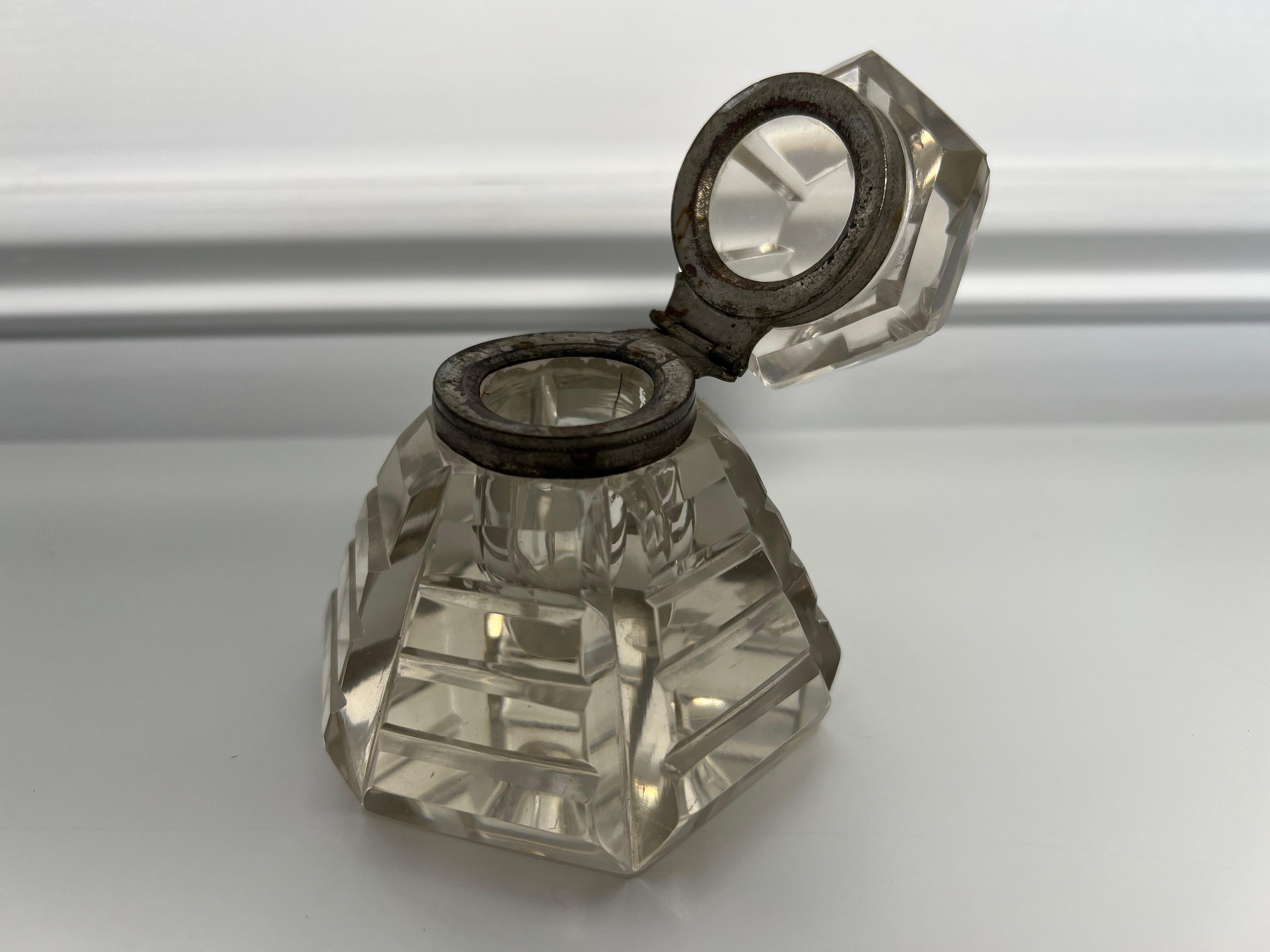 Late 19th Century American Antique Crystal Inkwell Six Sided with Mitre Cuts For Sale 3