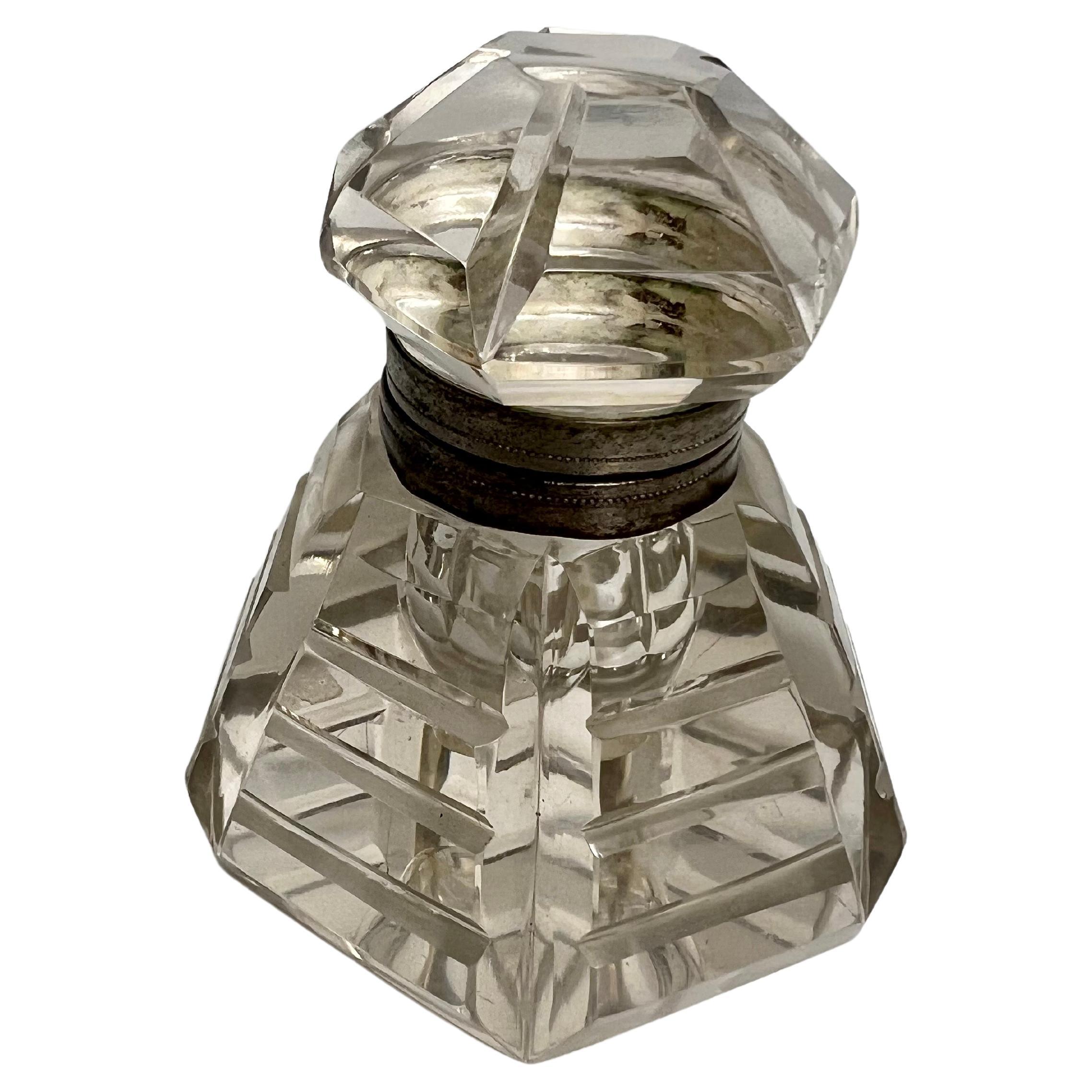 Late 19th Century American Antique Crystal Inkwell Six Sided with Mitre Cuts For Sale