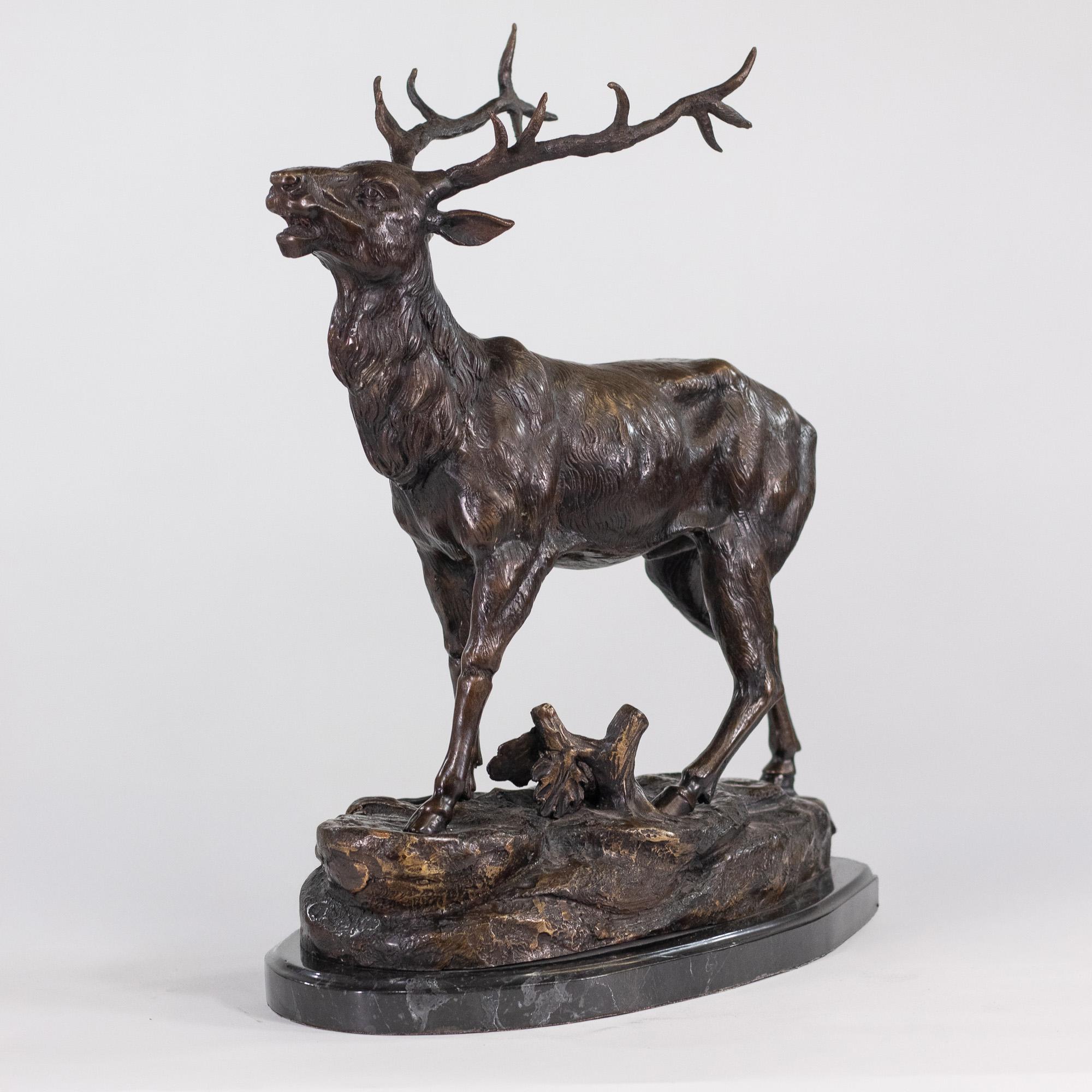 Cette sculpture en bronze de la fin du XIXe siècle représente un cerf sauvage en plein Calle, debout sur une base texturée qui évoque les éléments naturels. La pièce présente des détails complexes d'un réalisme exceptionnel, permettant de discerner