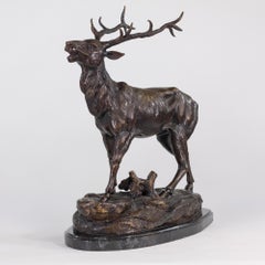 Late 19th Century American Bronze Sculpture Wild Stag on Marble Plinth