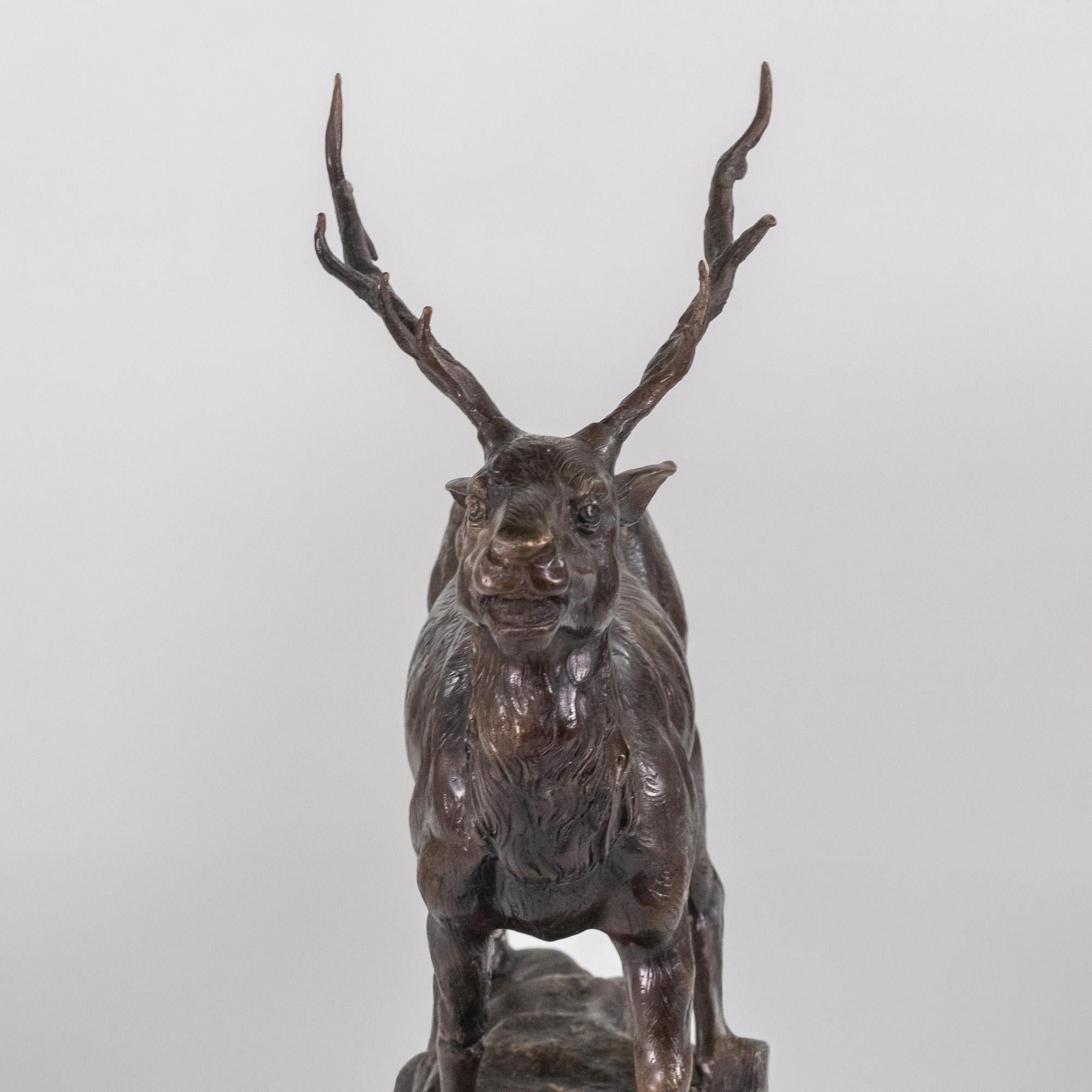 Bronze Sculpture américaine en bronze de la fin du 19e siècle Cerf sauvage sur socle en marbre en vente