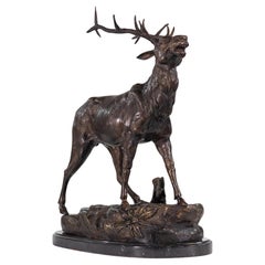 Late 19th Century American Bronze Sculpture Wild Stag on Marble Plinth