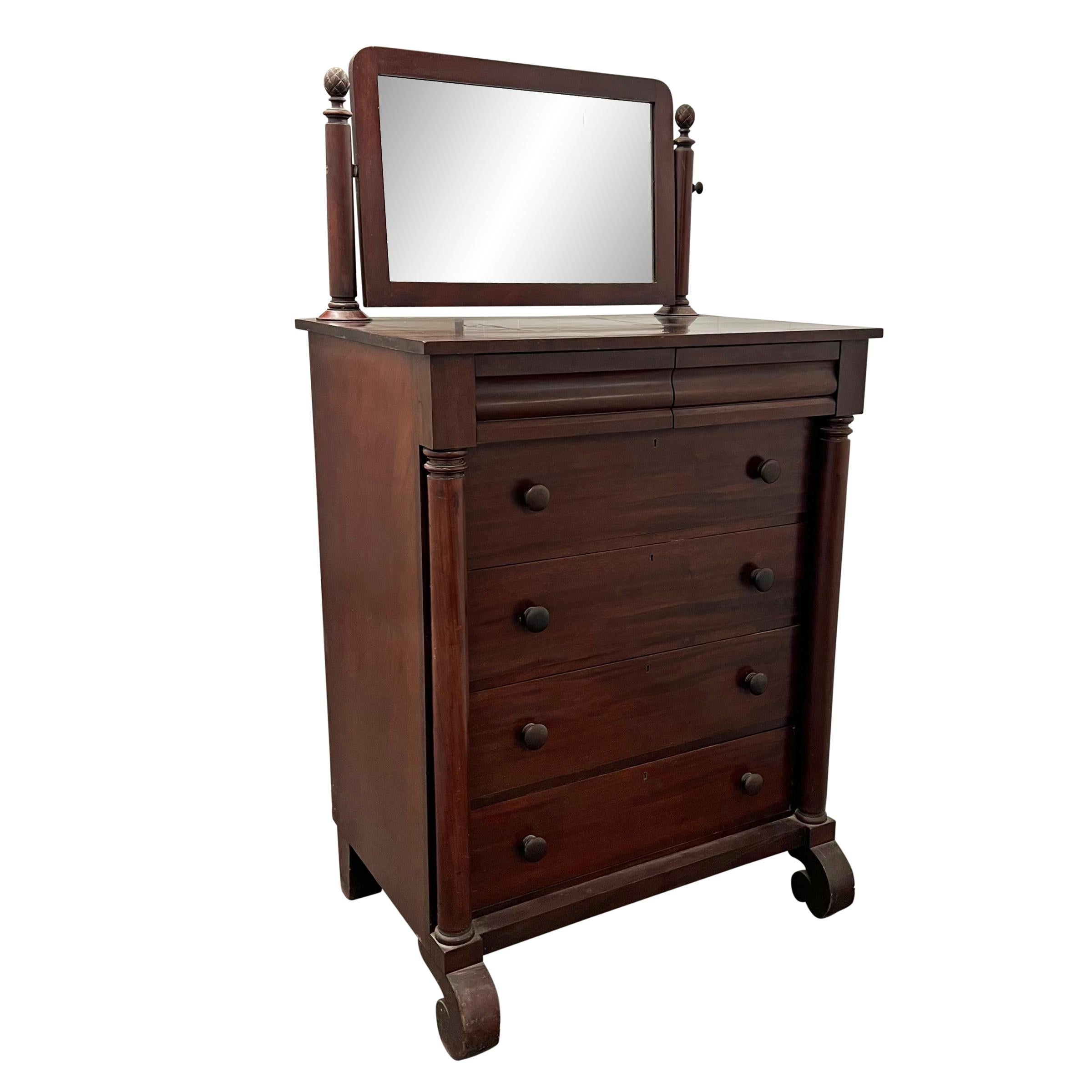 Veneer Late 19th Century American Empire Chest of Drawers with Mirror For Sale