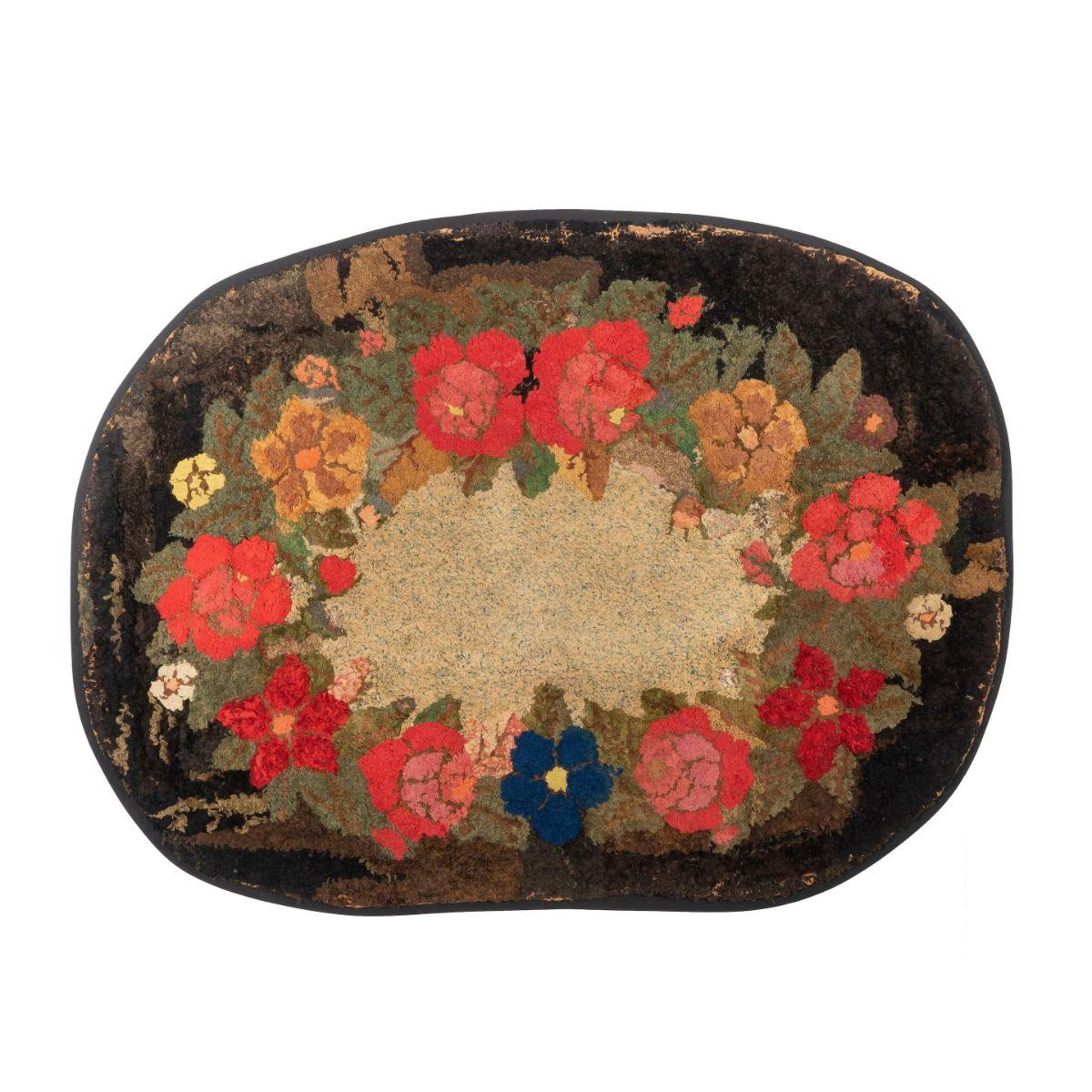 Cotton Late 19th Century American Floral Hooked Rug Wall Hanging For Sale
