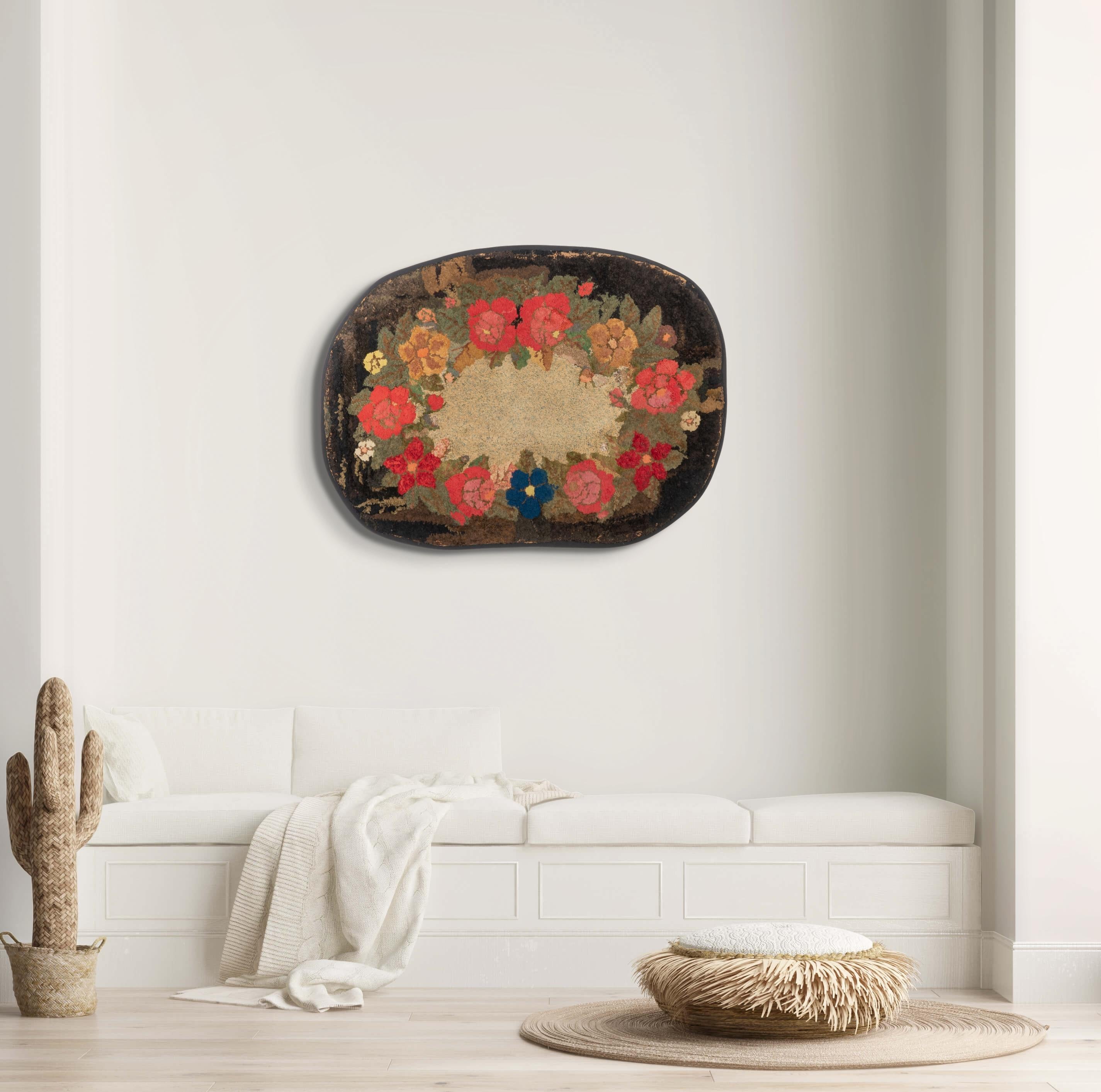 Late 19th Century American Floral Hooked Rug Wall Hanging For Sale 1