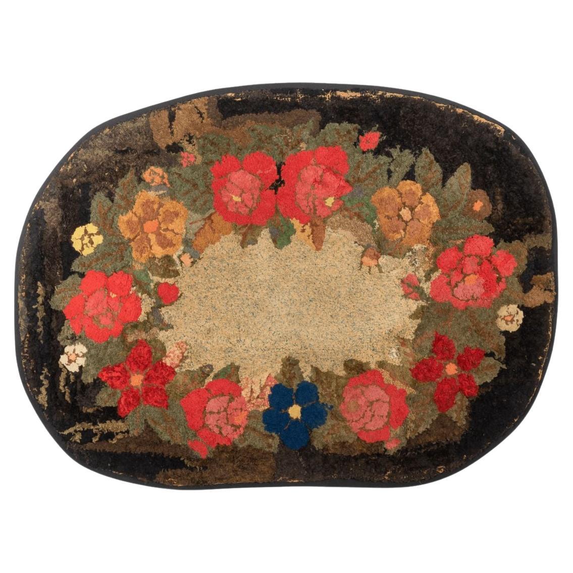 Late 19th Century American Floral Hooked Rug Wall Hanging