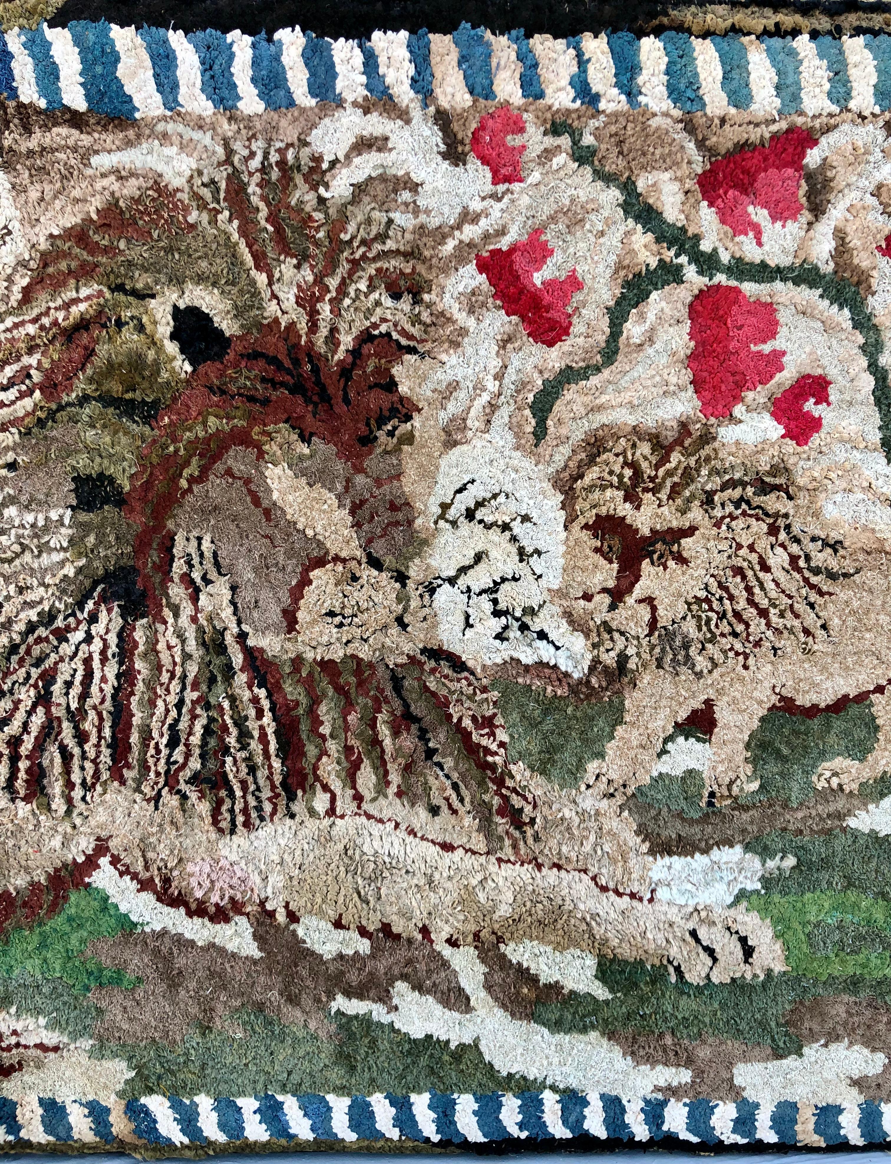 Folk Art Late 19th Century American Hooked Rug with Lions For Sale