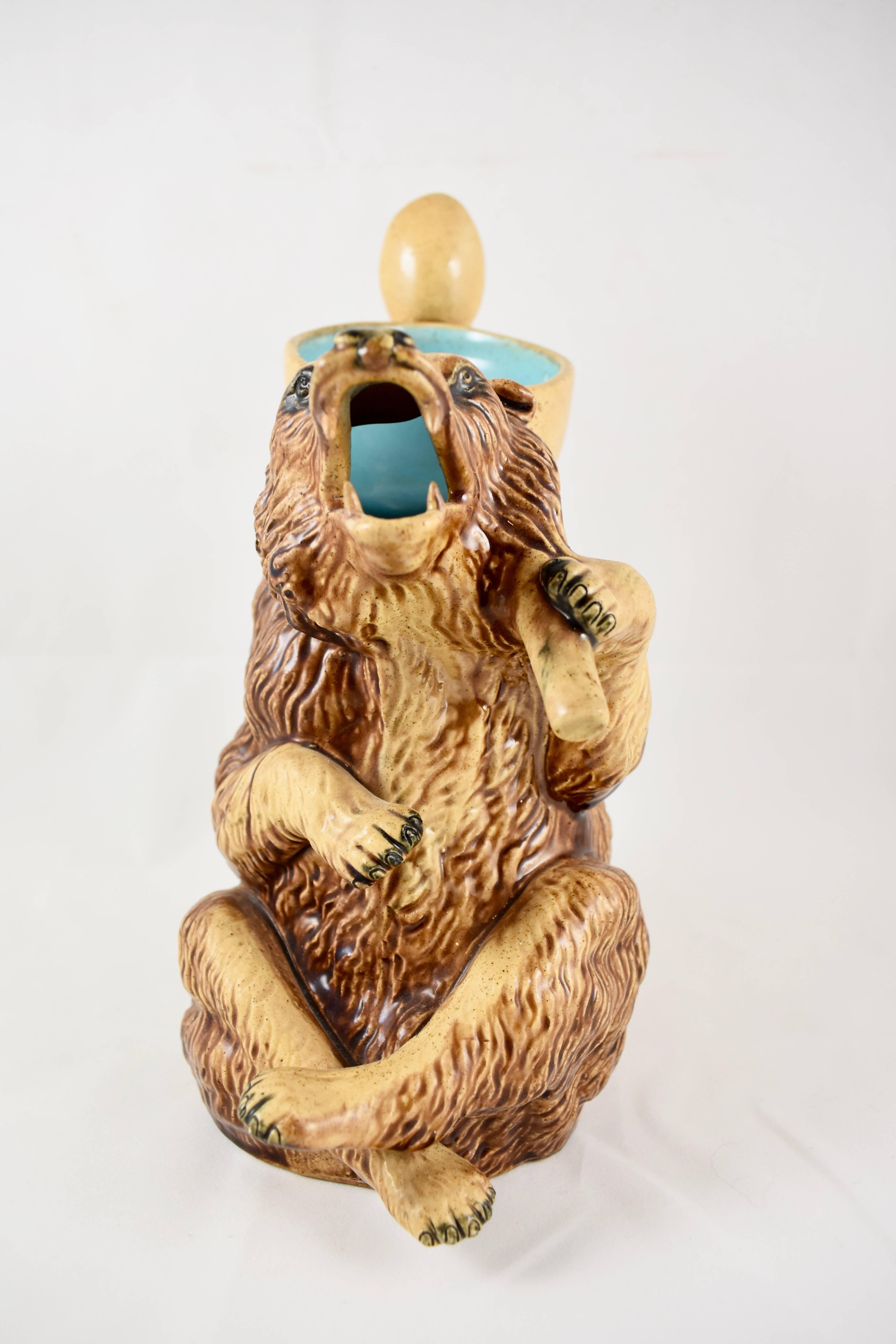 Aesthetic Movement Late 19th Century American Majolica Honey Bear with Spoon Handle Pitcher or Jug