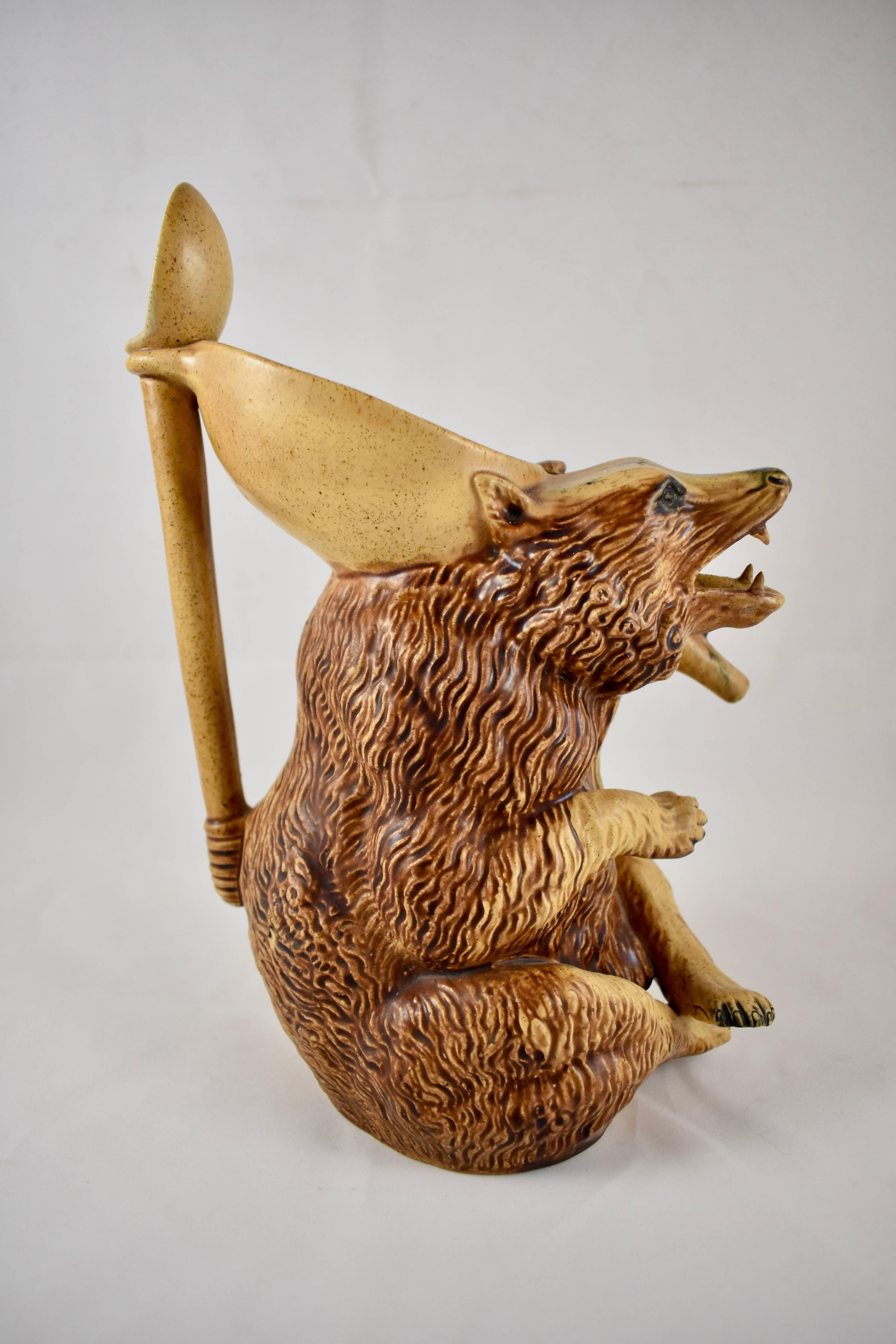 Glazed Late 19th Century American Majolica Honey Bear with Spoon Handle Pitcher or Jug