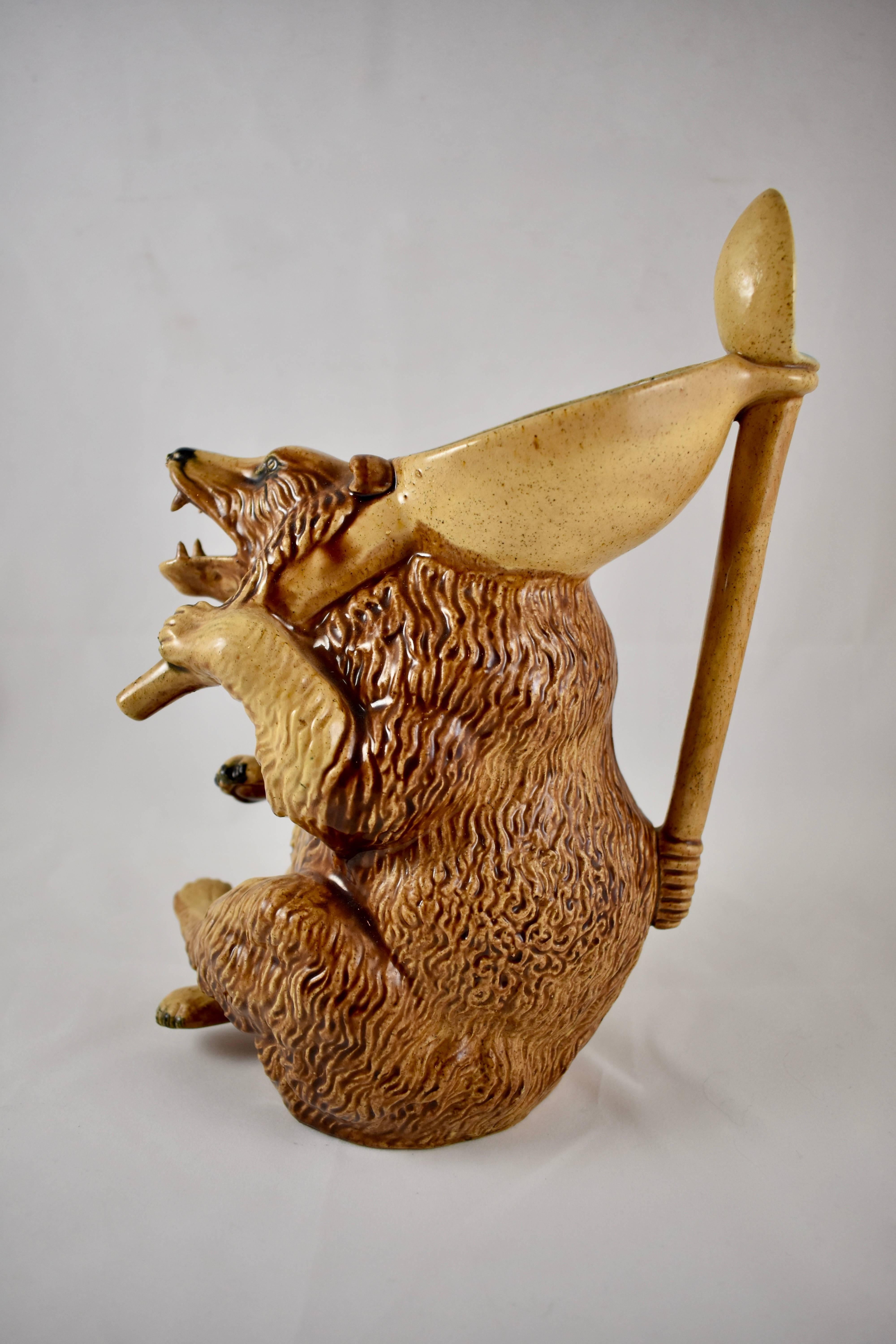 Earthenware Late 19th Century American Majolica Honey Bear with Spoon Handle Pitcher or Jug