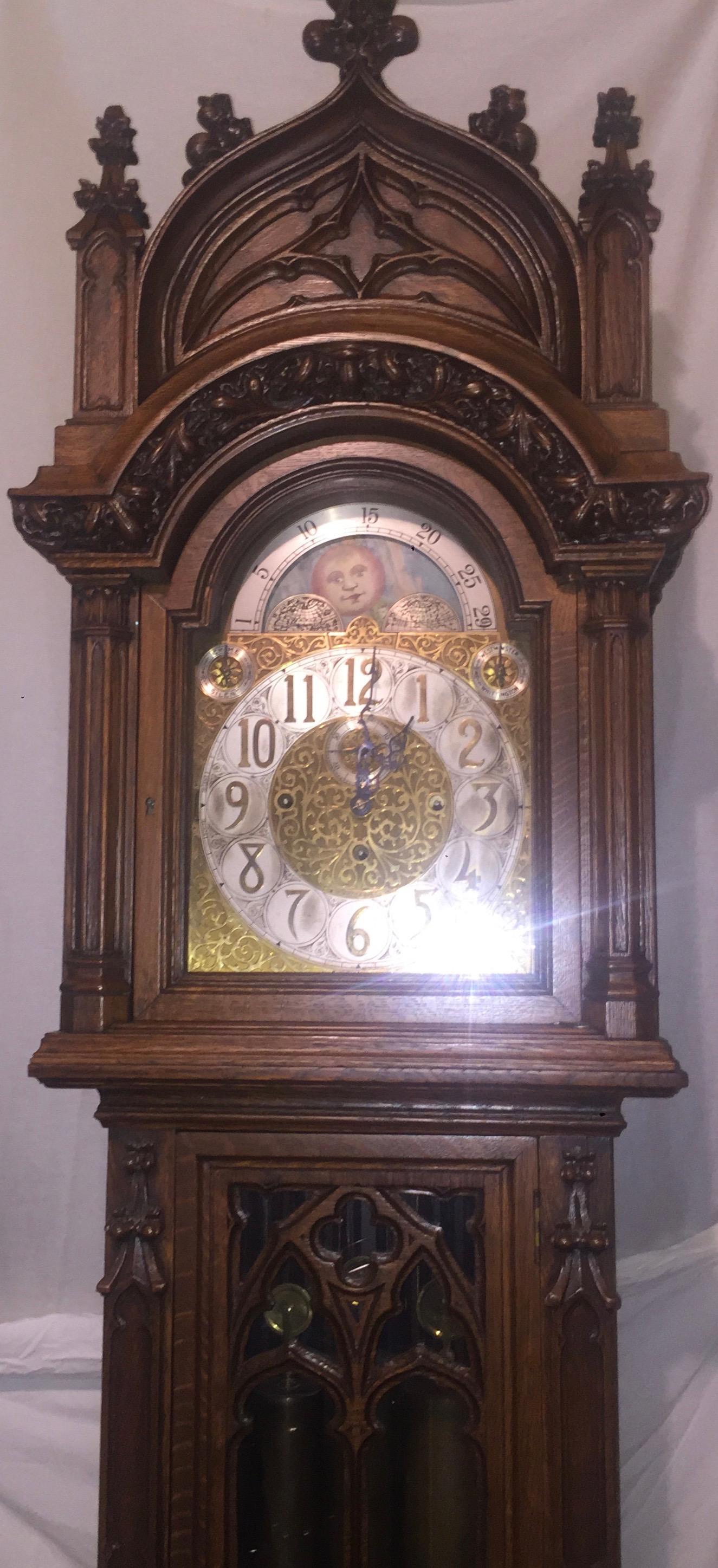 Late 19th Century American Nine Tube Extraordinary Oak Case Grandfather Clock In Good Condition In Bronx, NY