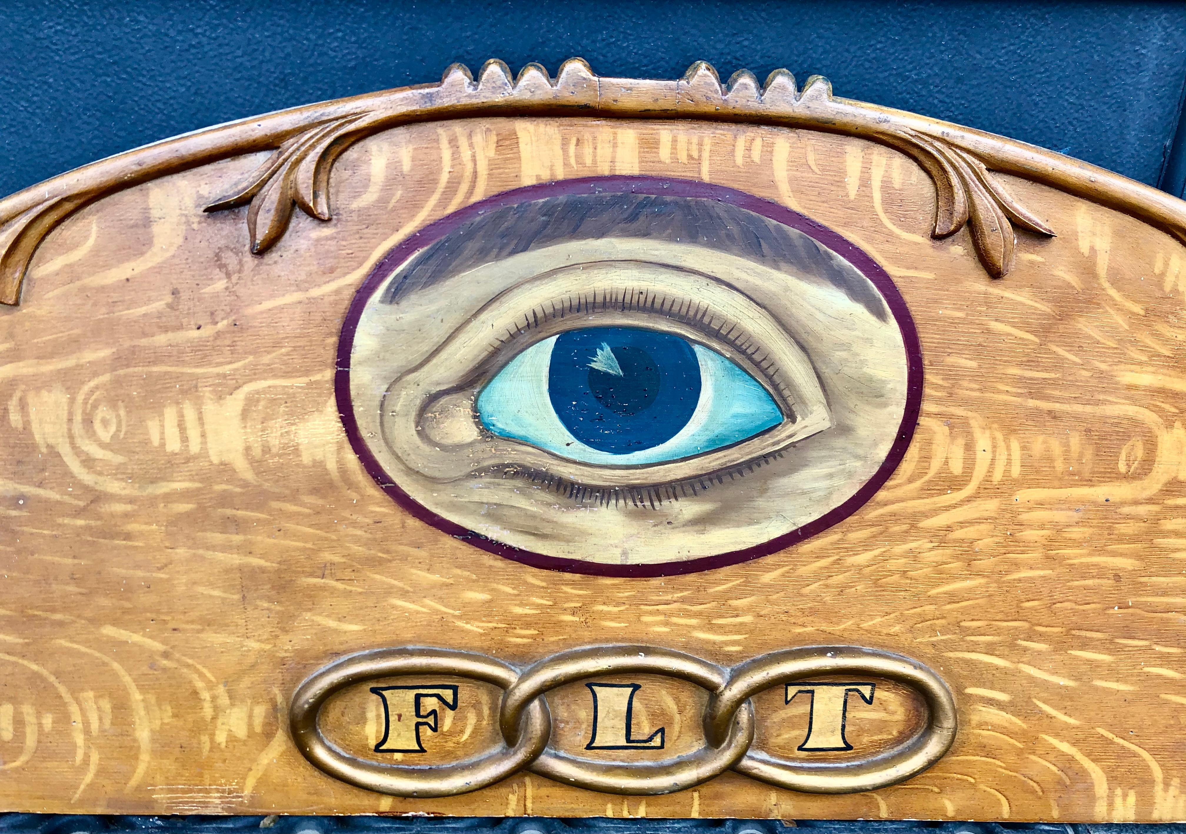 Wood with original paint featuring the all seeing eye and F L T friendship, love, truth in the chain. Dates to the late 19th century and is a fantastic size at 19