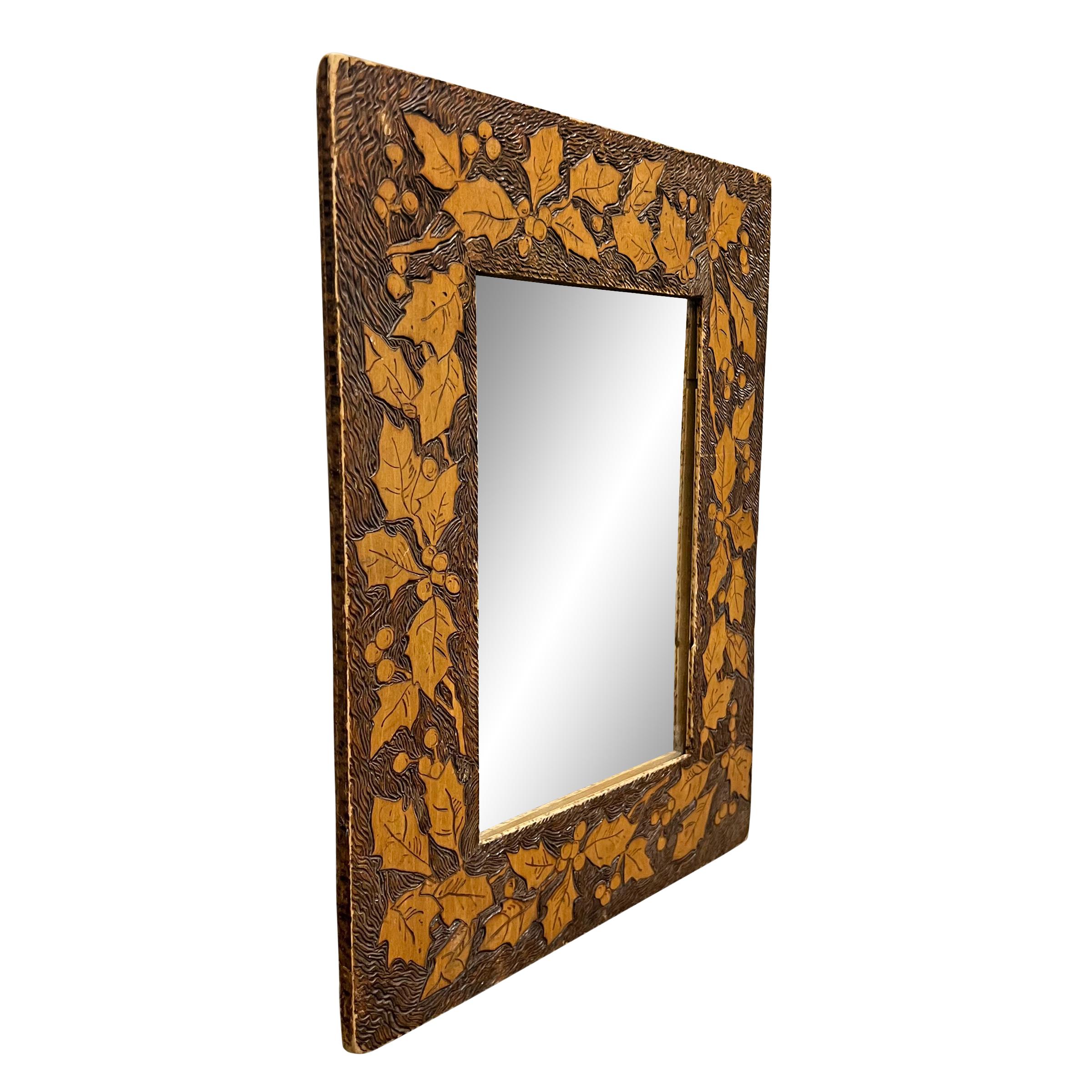 Late 19th Century American Pyrography Holly Framed Mirror In Good Condition For Sale In Chicago, IL