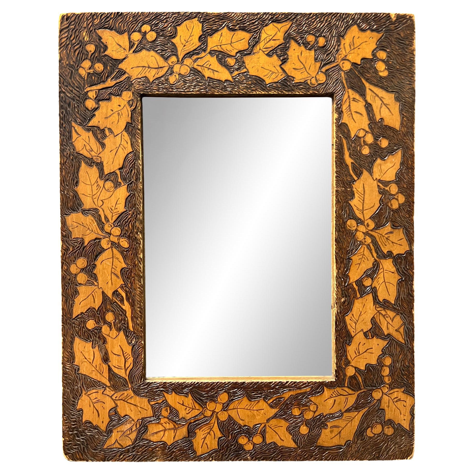 Late 19th Century American Pyrography Holly Framed Mirror For Sale