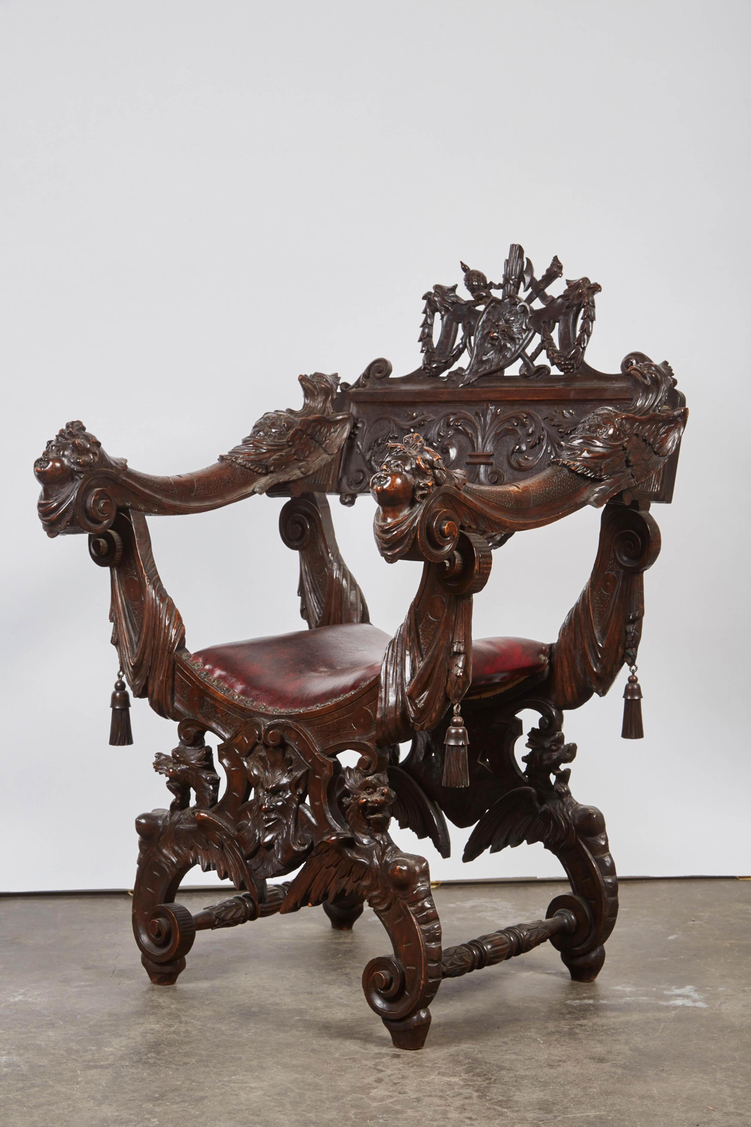 Late 19th Century American Savonarola Chair with Leather Upholstery In Good Condition In Pasadena, CA