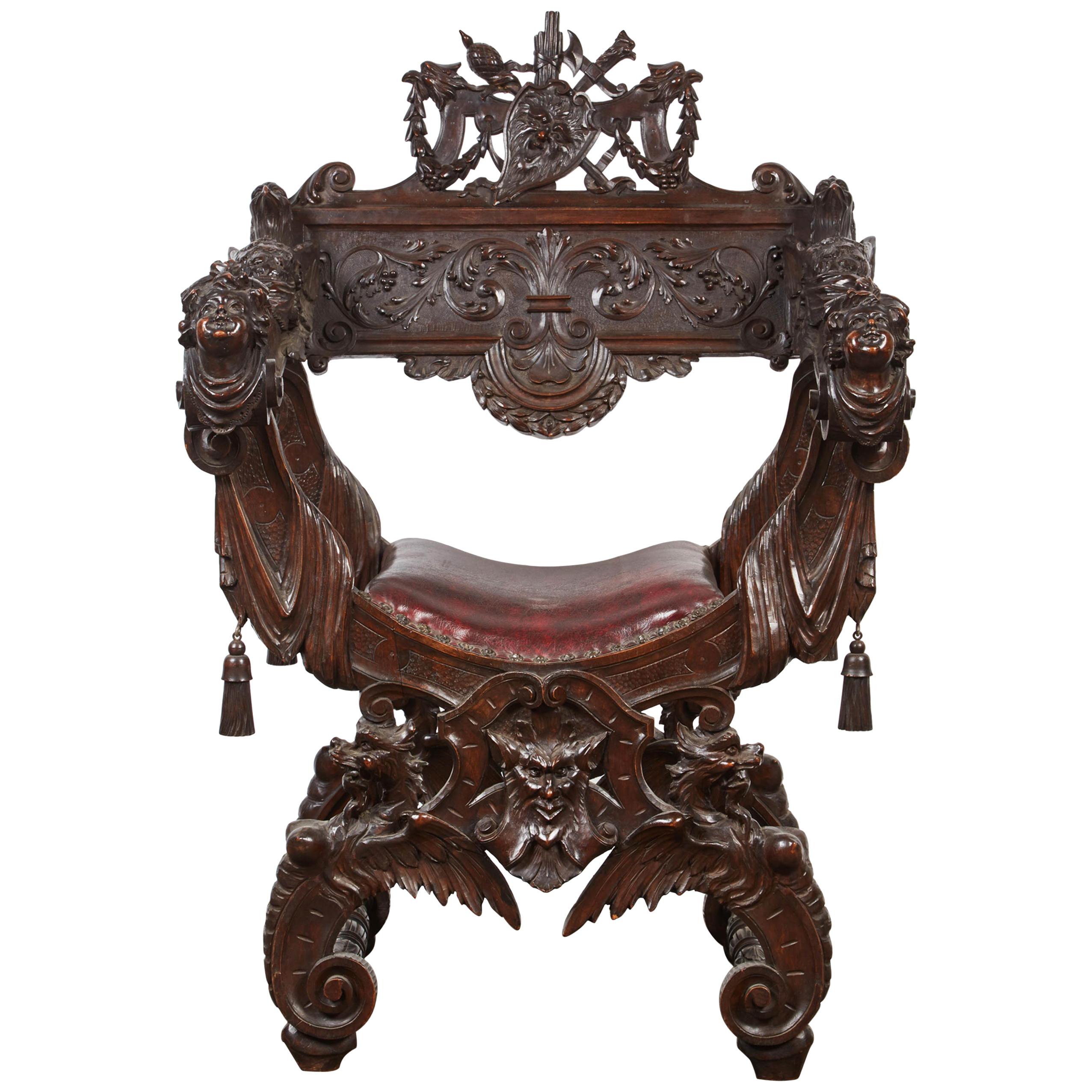 Late 19th Century American Savonarola Chair with Leather Upholstery