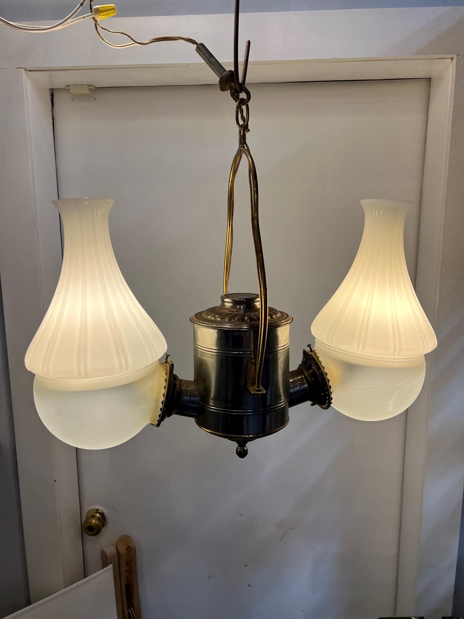 Late 19th Century Angle Lamp Co. Electrified Kerosene 2 Light Hanging Fixture  For Sale 4