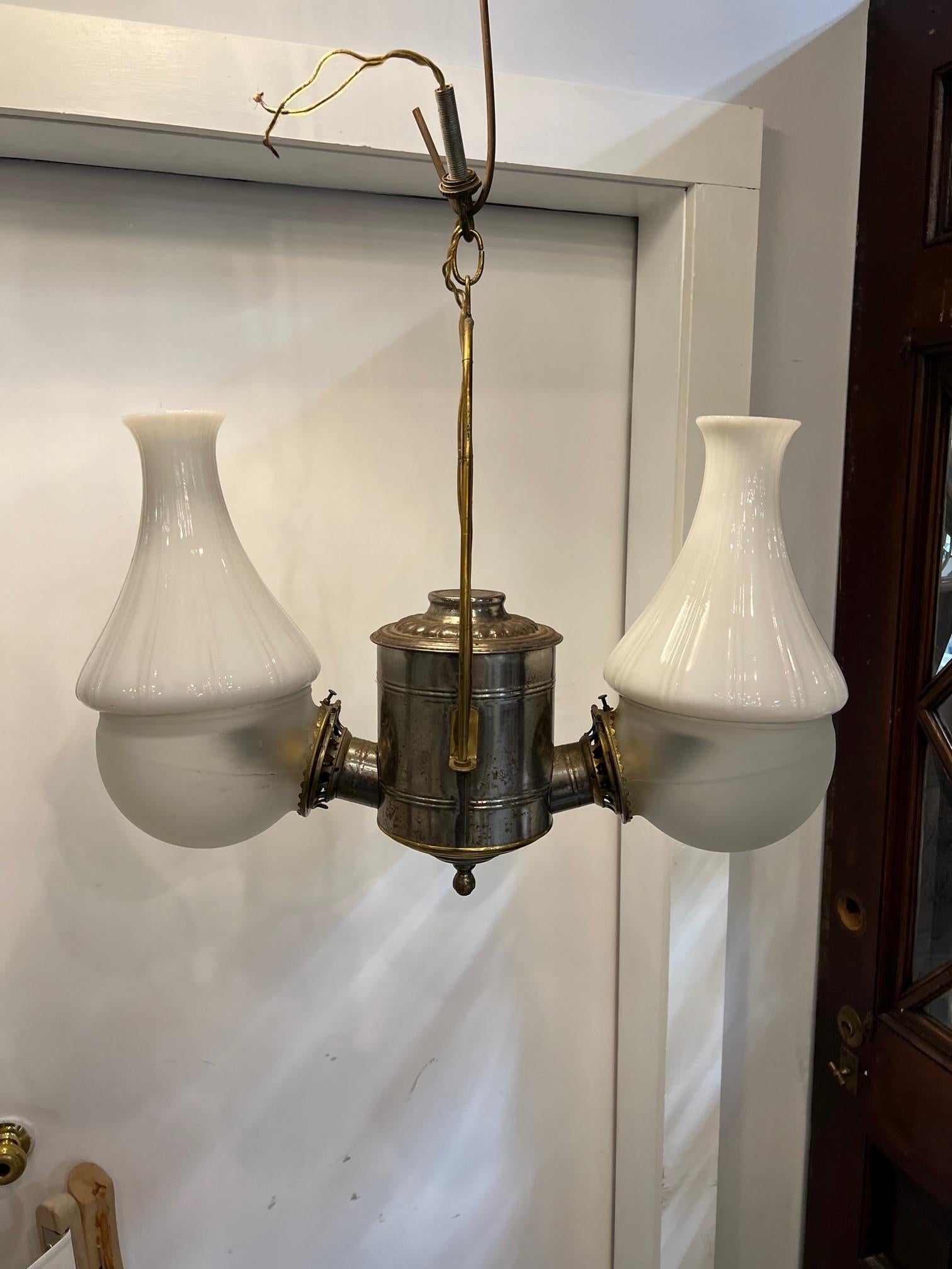 Late 19th Century Angle Lamp Co. Electrified Kerosene 2 Light Hanging Fixture  For Sale 5