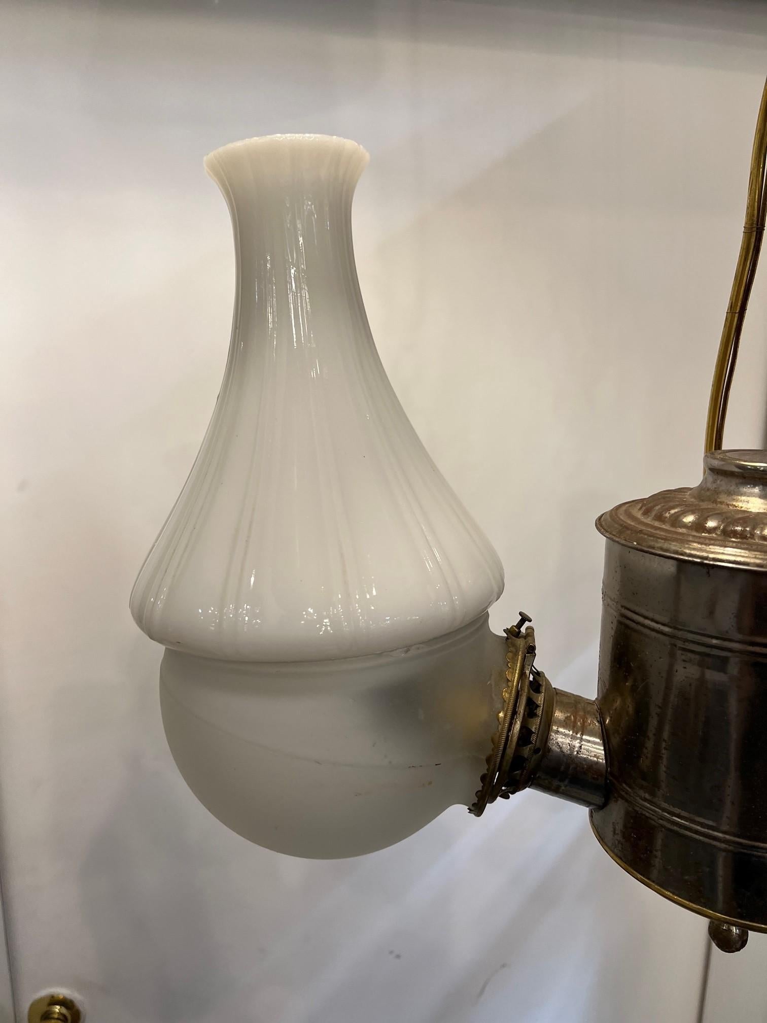 Late 19th Century Angle Lamp Co. Electrified Kerosene 2 Light Hanging Fixture  For Sale 7