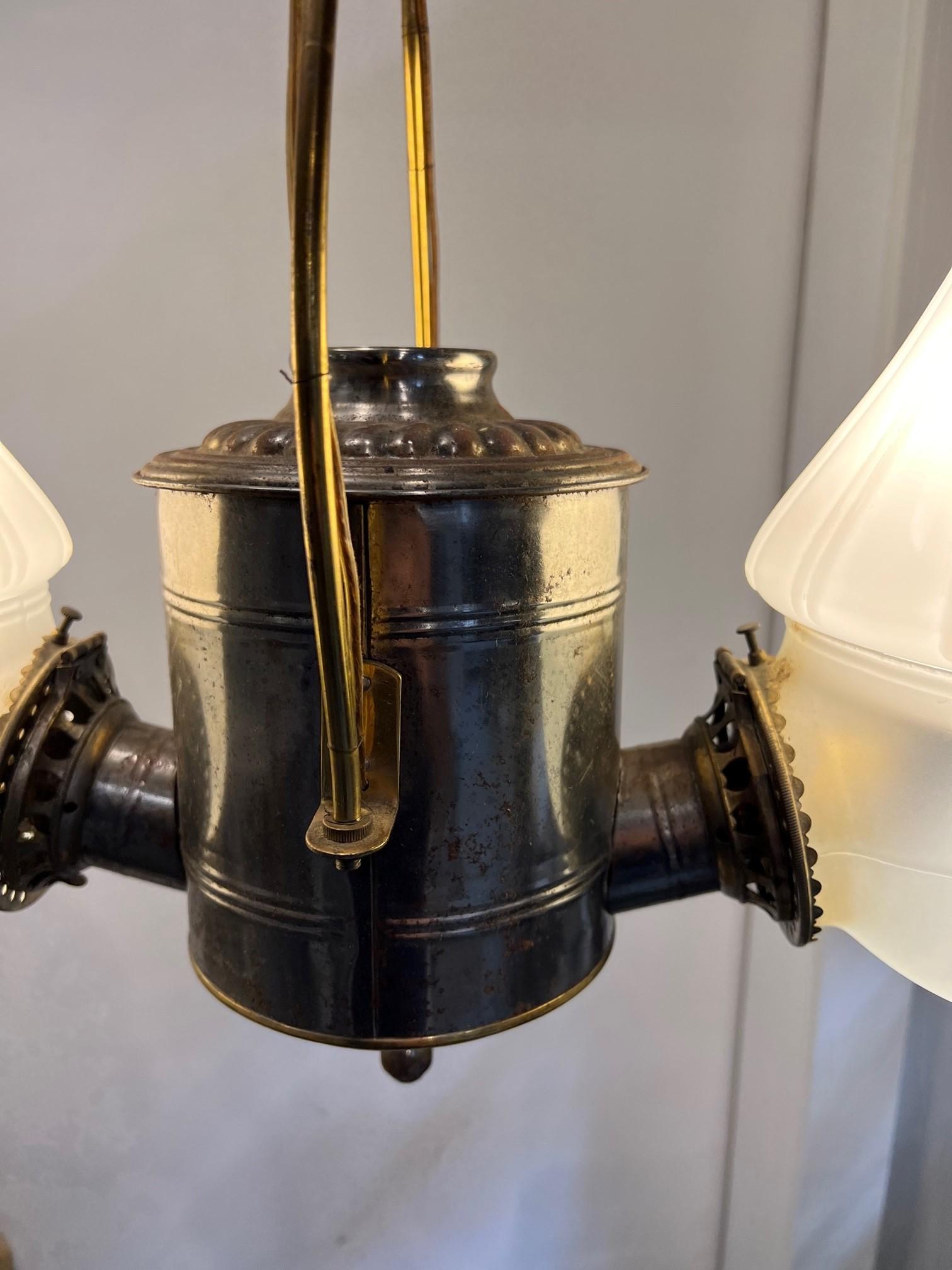 American Late 19th Century Angle Lamp Co. Electrified Kerosene 2 Light Hanging Fixture  For Sale