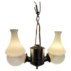 Antique Late 19th Century Angle Lamp Co. Electrified Kerosene 2 Light Hanging Fixture 