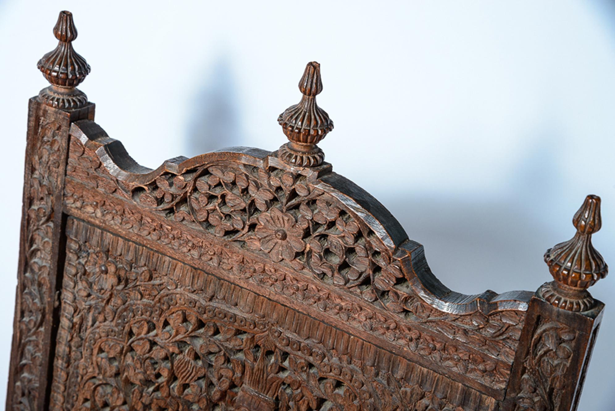 Late 19th Century Anglo-Indian Heavily Carved Rosewood Hardwood & Silk Paisley In Good Condition For Sale In West Palm Beach, FL