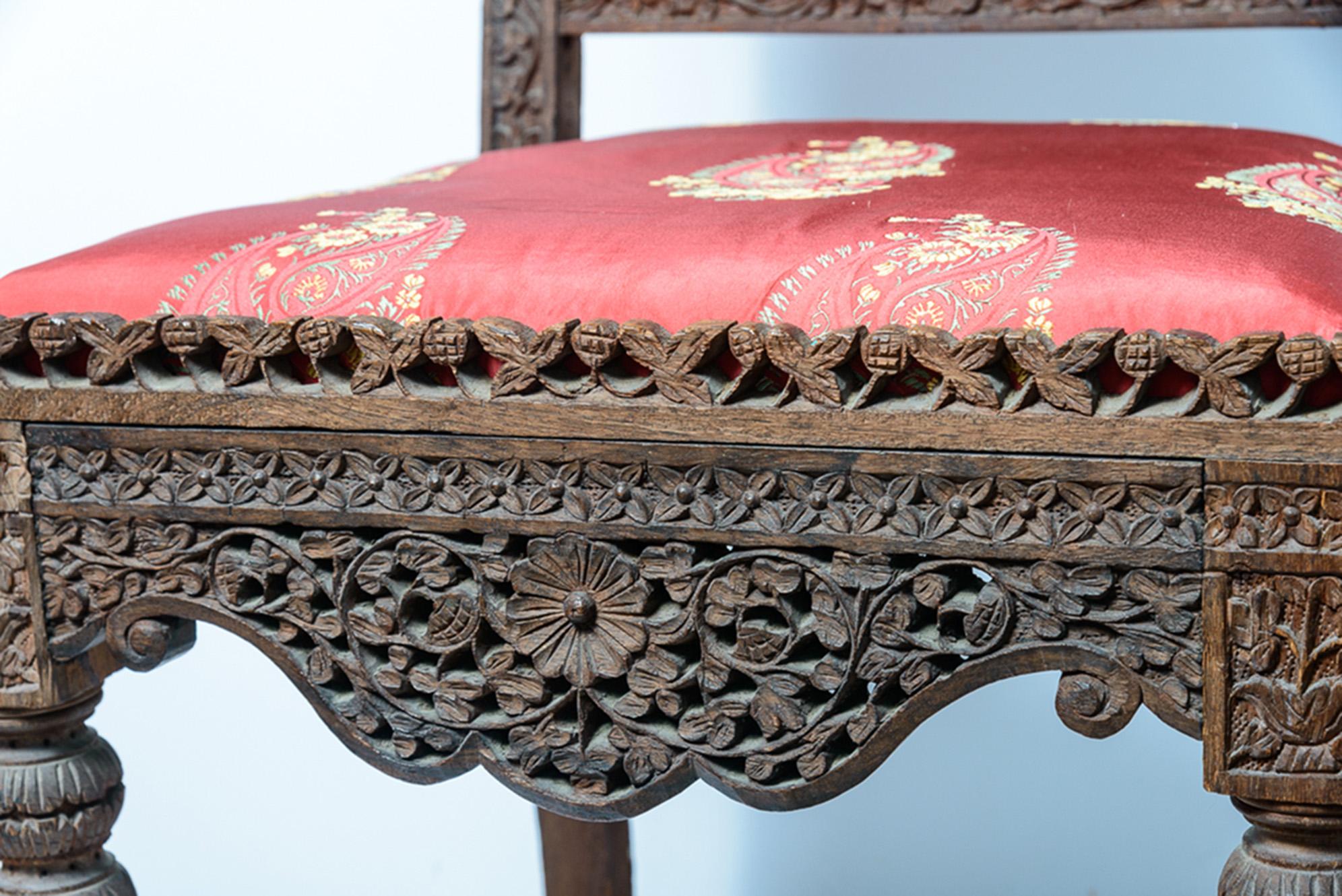 Late 19th Century Anglo-Indian Heavily Carved Rosewood Hardwood & Silk Paisley For Sale 1