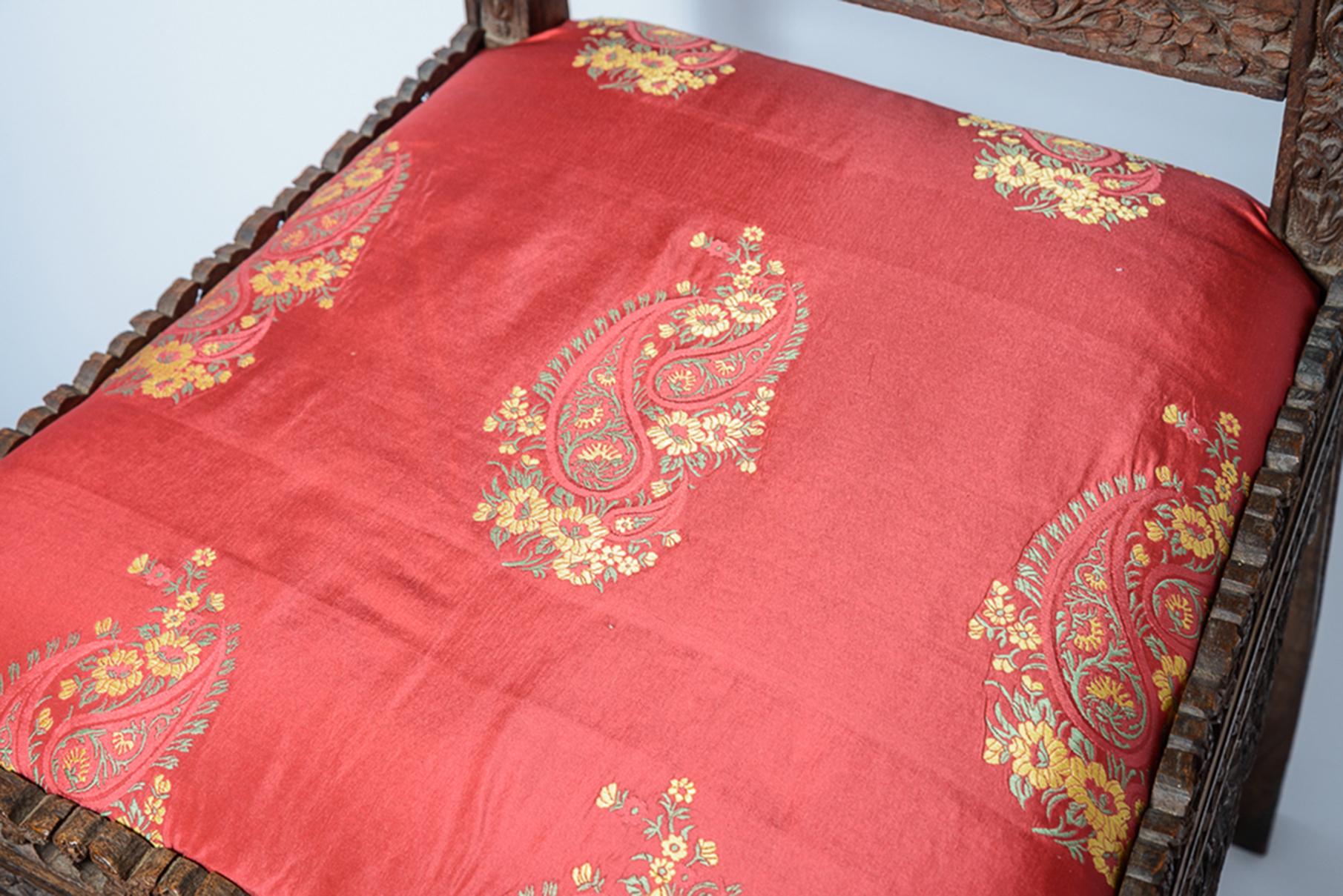 Late 19th Century Anglo-Indian Heavily Carved Rosewood Hardwood & Silk Paisley For Sale 3