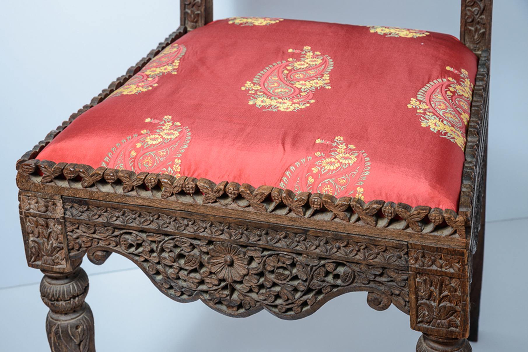 Late 19th Century Anglo-Indian Heavily Carved Rosewood Hardwood & Silk Paisley For Sale 5