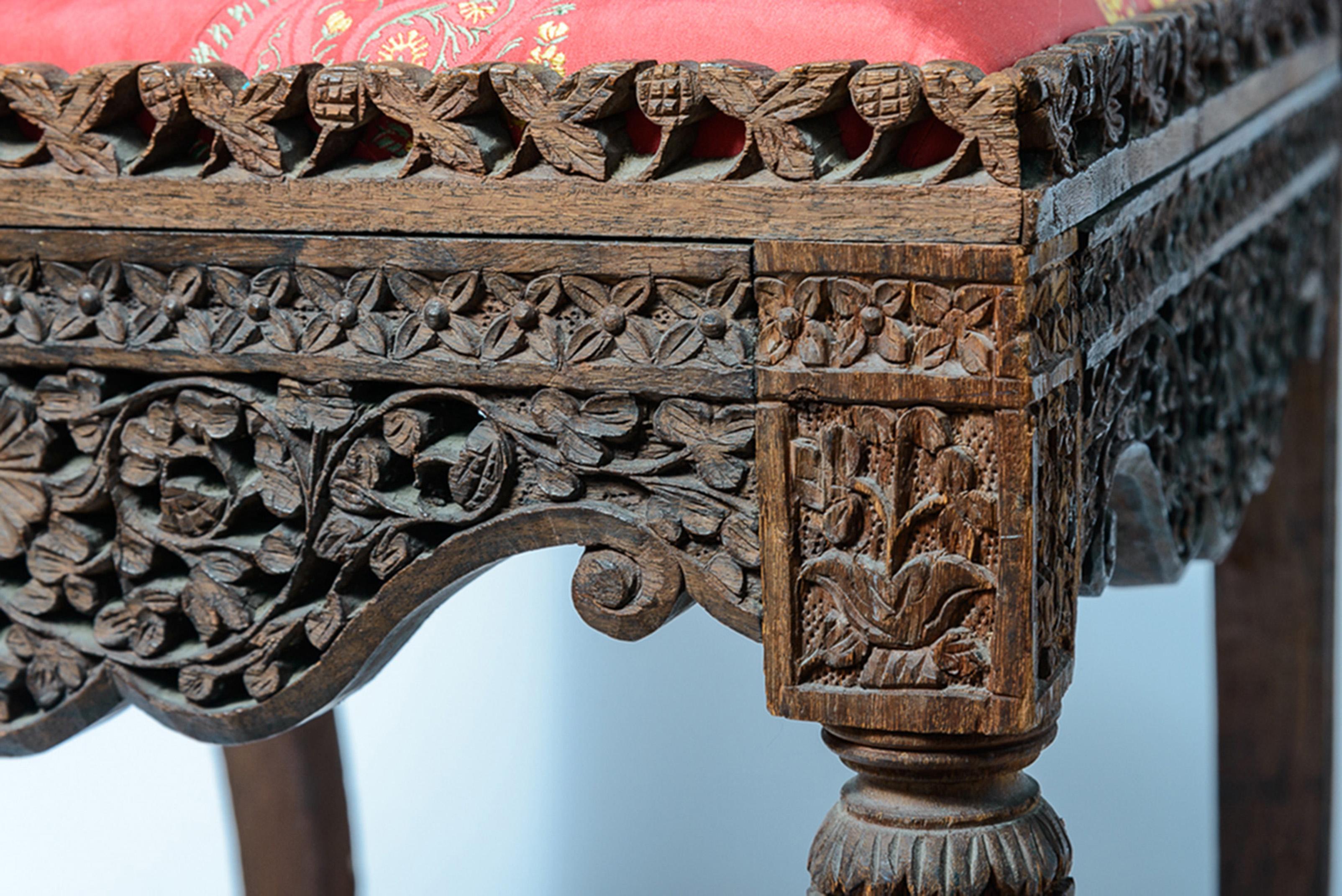 Late 19th Century Anglo-Indian Heavily Carved Rosewood Hardwood & Silk Paisley For Sale 6