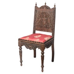 Late 19th Century Anglo-Indian Heavily Carved Rosewood Hardwood & Silk Paisley