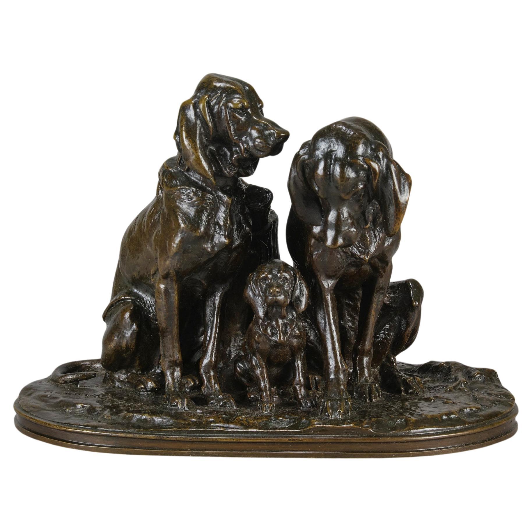 Bronze animalier de la fin du XIXe siècle intitulé "Famille de chiens de chasse" par Alfred Jacquement en vente