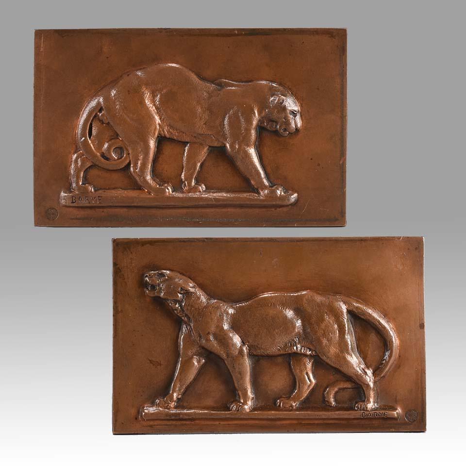 Late 19th Century Animalier Bronze 'Leopard and Panther' Plaques by Antoine L Ba In Good Condition In London, GB