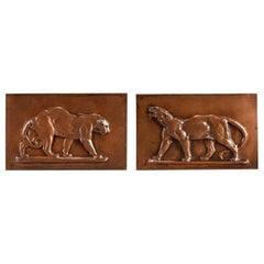 Plaques "Léopard et Panthère" en bronze animalier fin 19ème siècle par Antoine L Ba