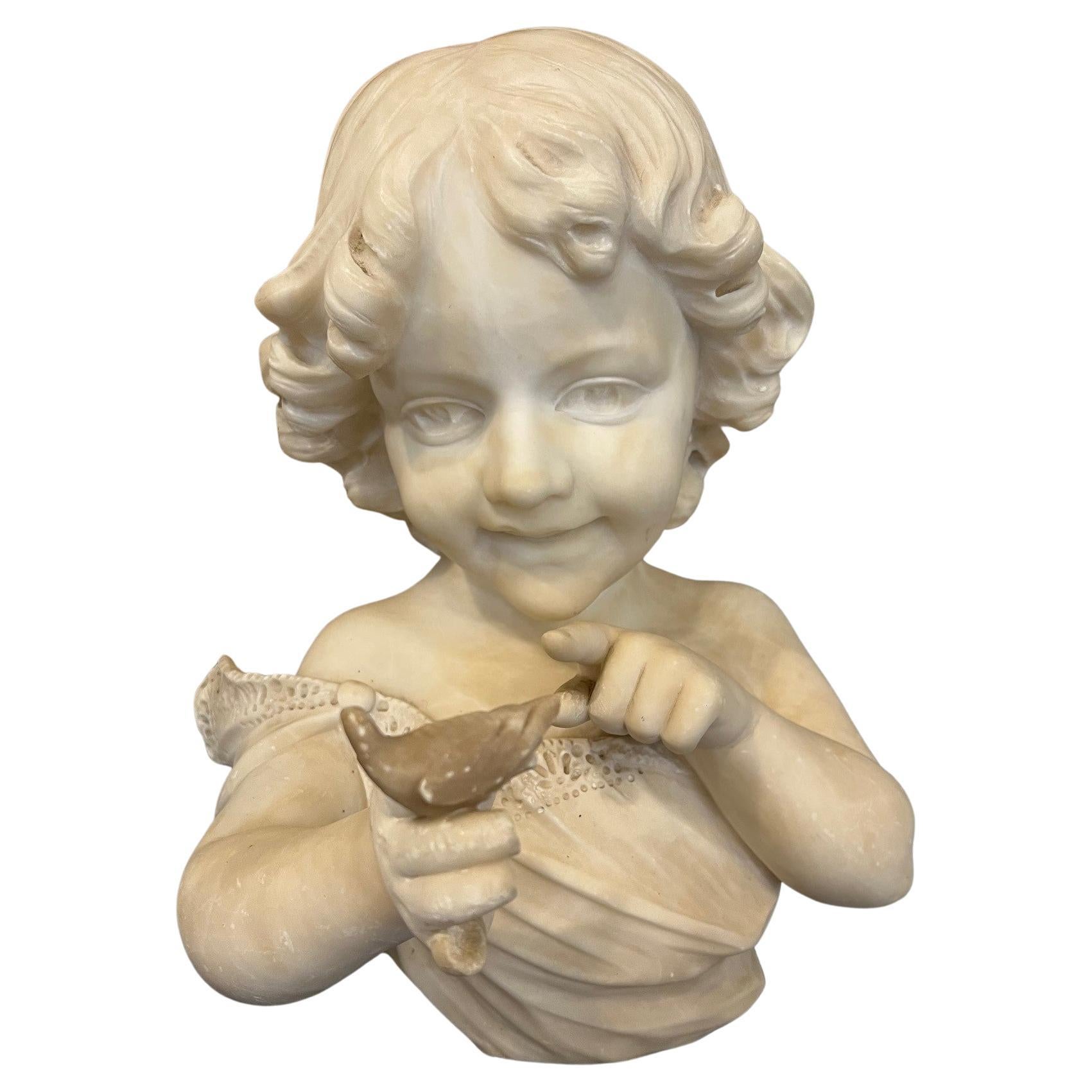 Late 19th Century Antique Alabaster Bust of a Young Girl Holding a Small Bird