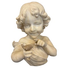 Late 19th Century Antique Alabaster Bust of a Young Girl Holding a Small Bird 