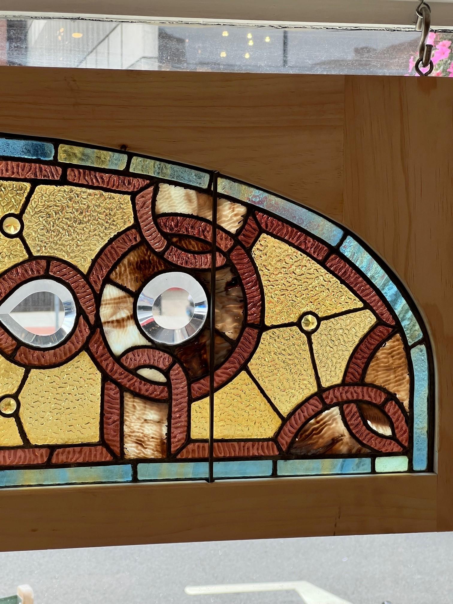  Late 19th Century Antique Arched Stained Glass Transom in a New Wood Frame For Sale 3