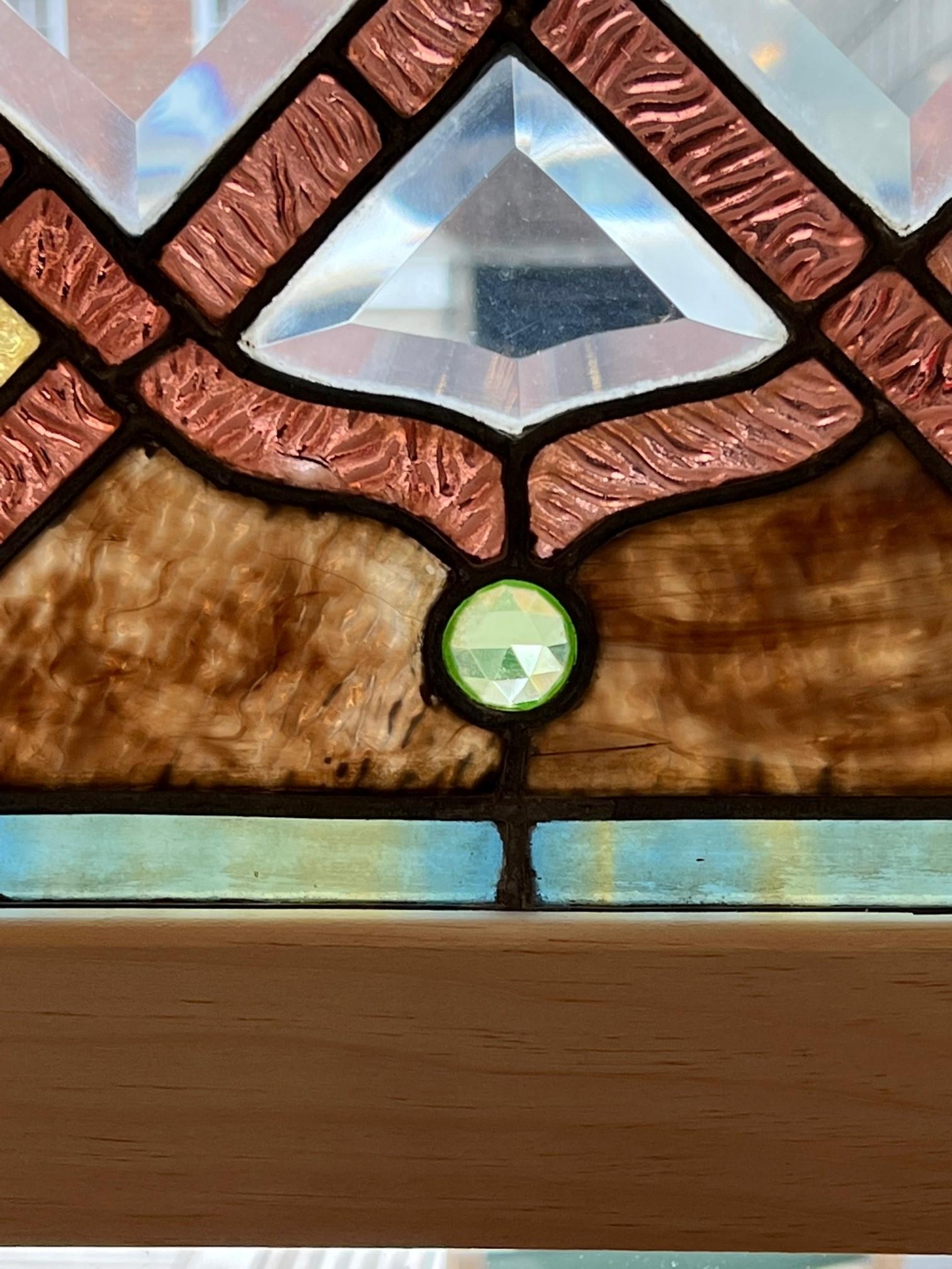American  Late 19th Century Antique Arched Stained Glass Transom in a New Wood Frame For Sale
