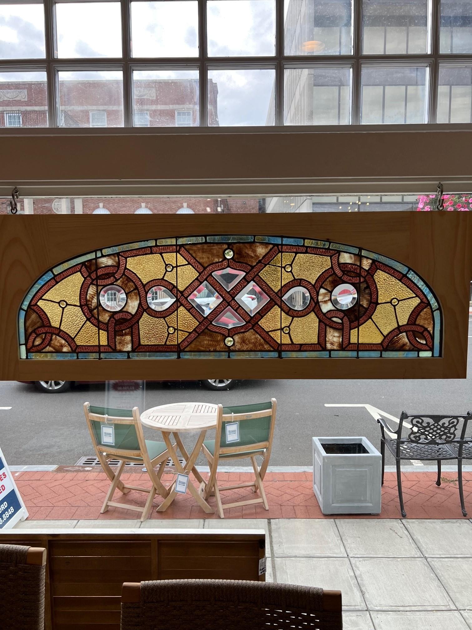  Late 19th Century Antique Arched Stained Glass Transom in a New Wood Frame In Good Condition For Sale In Stamford, CT
