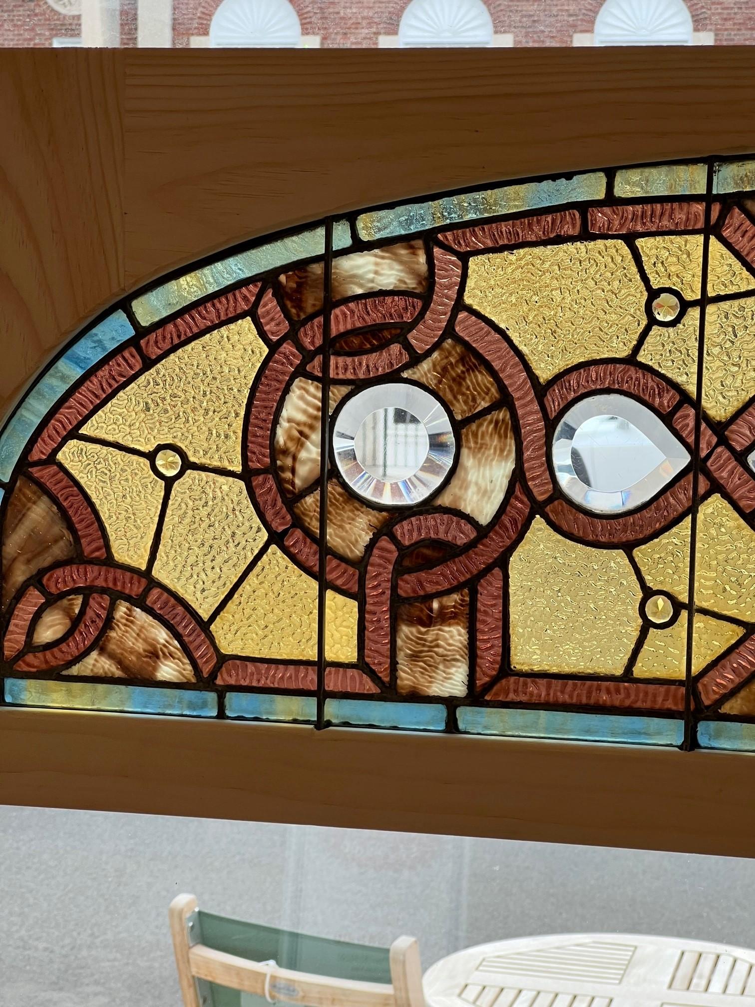  Late 19th Century Antique Arched Stained Glass Transom in a New Wood Frame For Sale 1