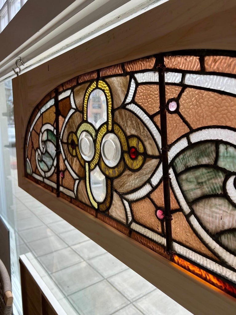 Late 19th Century Antique Arched Stained Glass Transom Window New Wood
